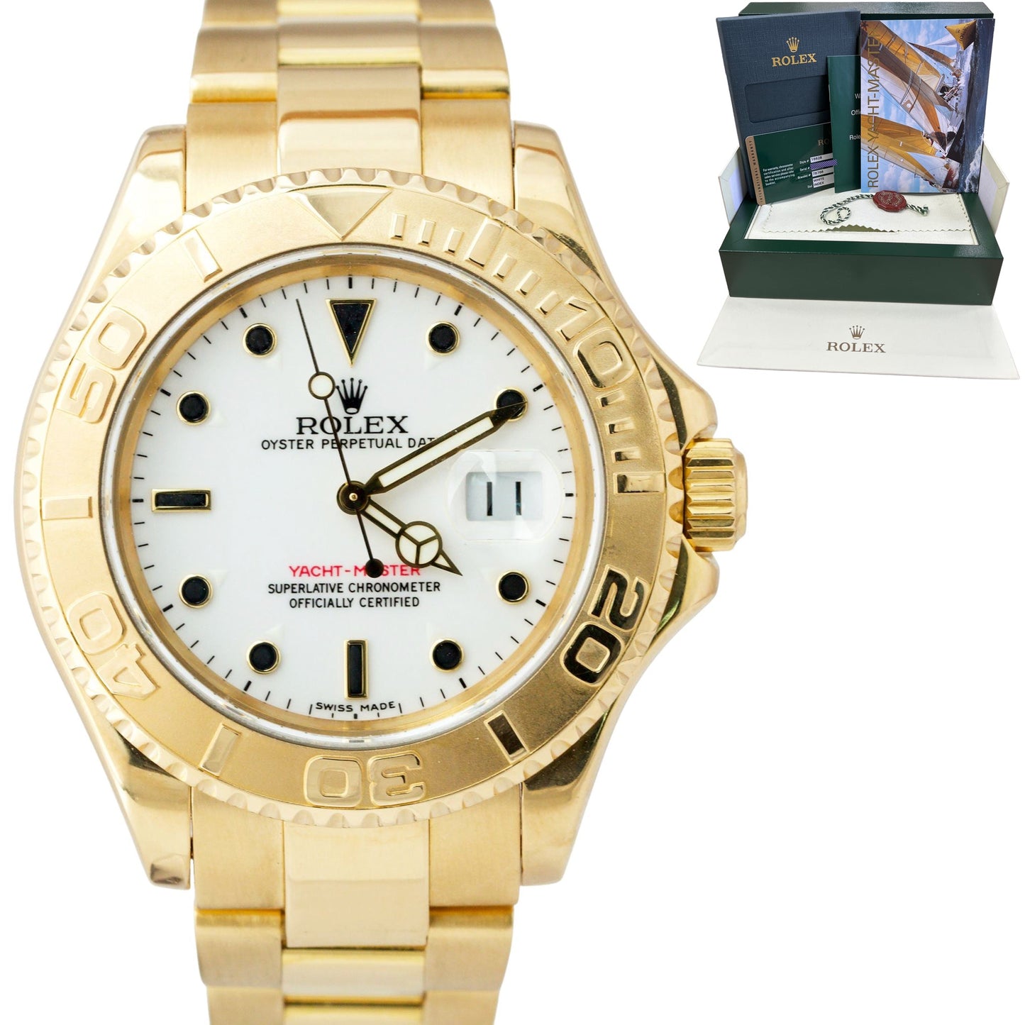 2012 BOX CARD Rolex Yacht-Master White 16628 18K Yellow Gold 40mm Oyster Watch