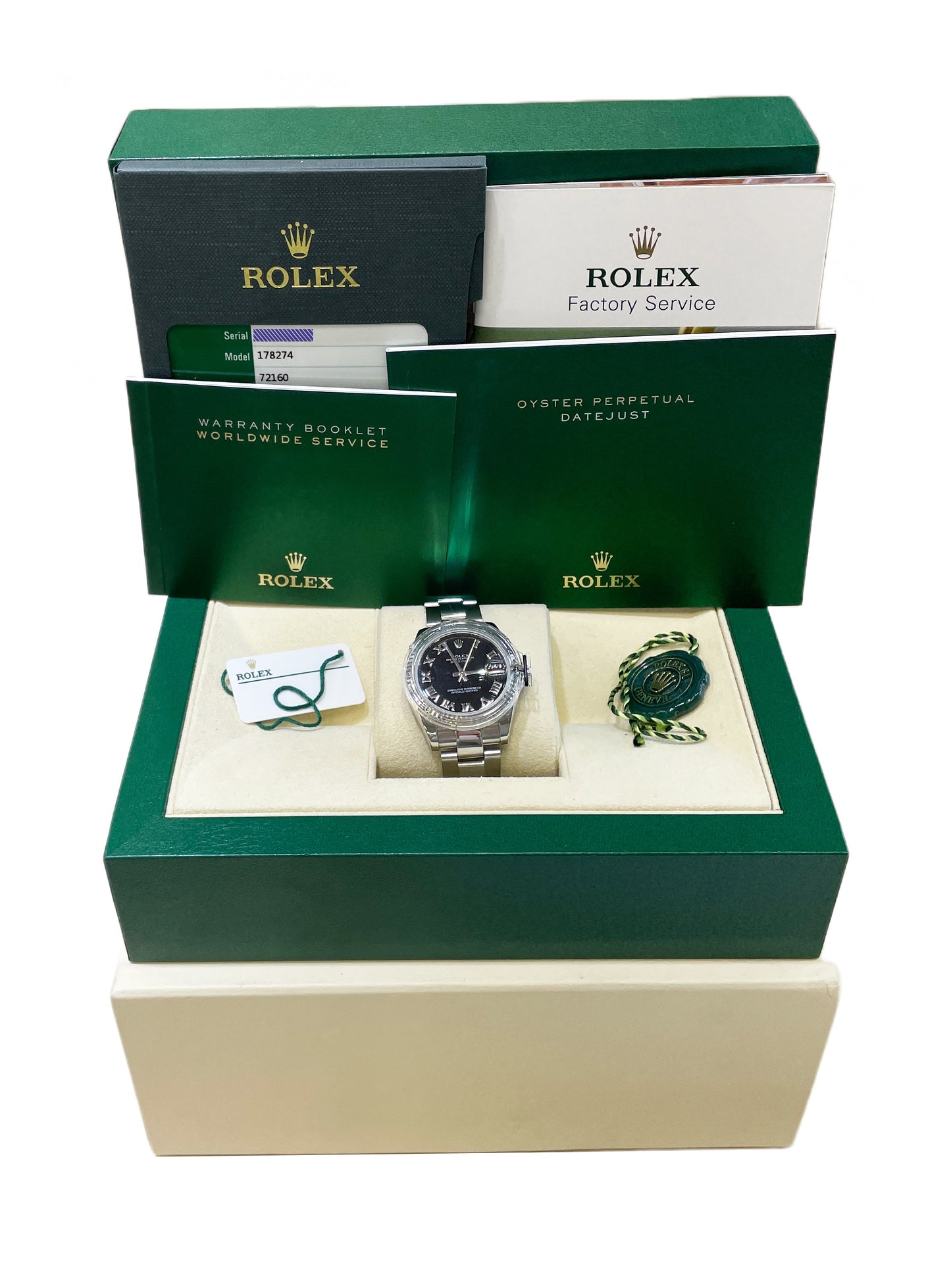 Ladies Rolex DateJust Black Roman Dial 18K White Gold 31mm Oyster Watch 178274