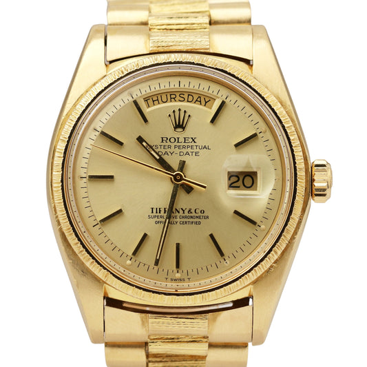 1975 Rolex Day-Date President BARK 36mm TIFFANY & CO 18K Yellow Gold Watch 1807