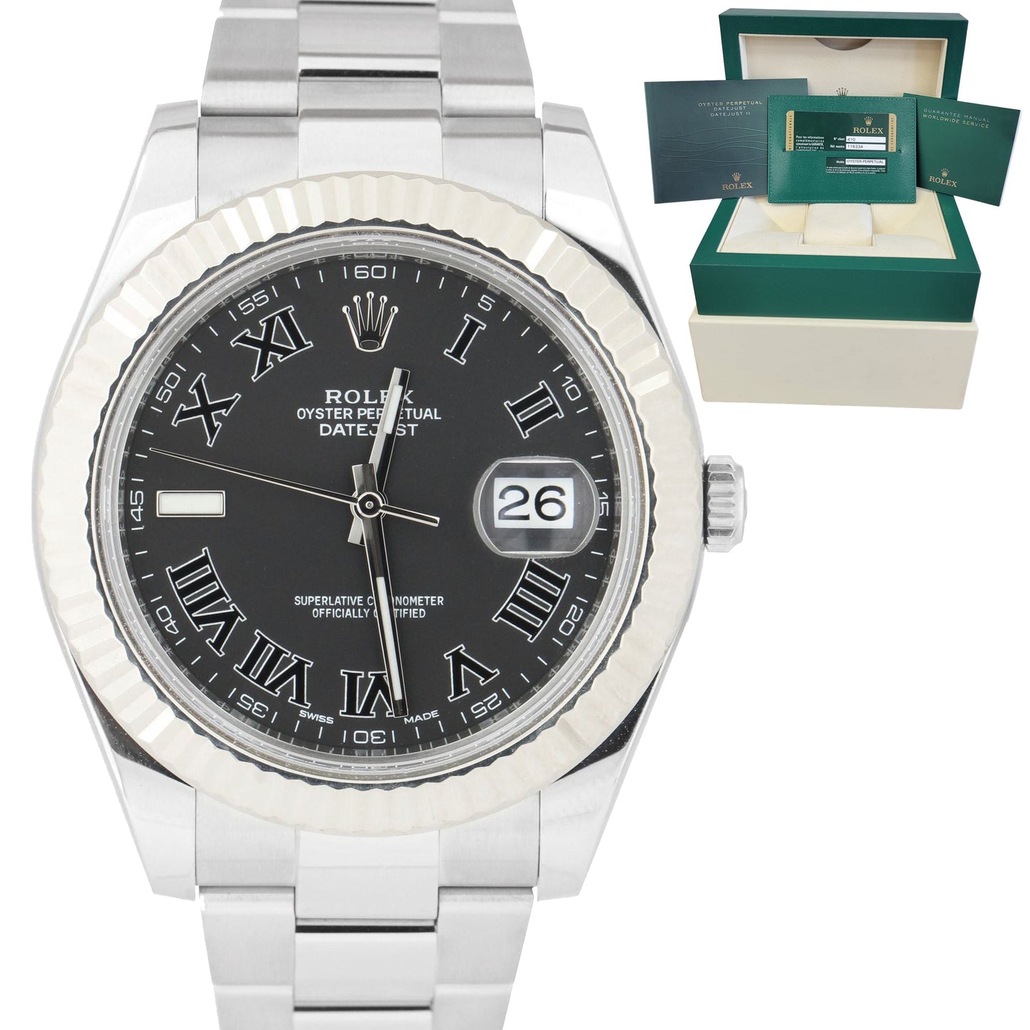 Rolex Datejust II Gray Black Roman Dial Steel 18K White Gold 116334 41MM Watch