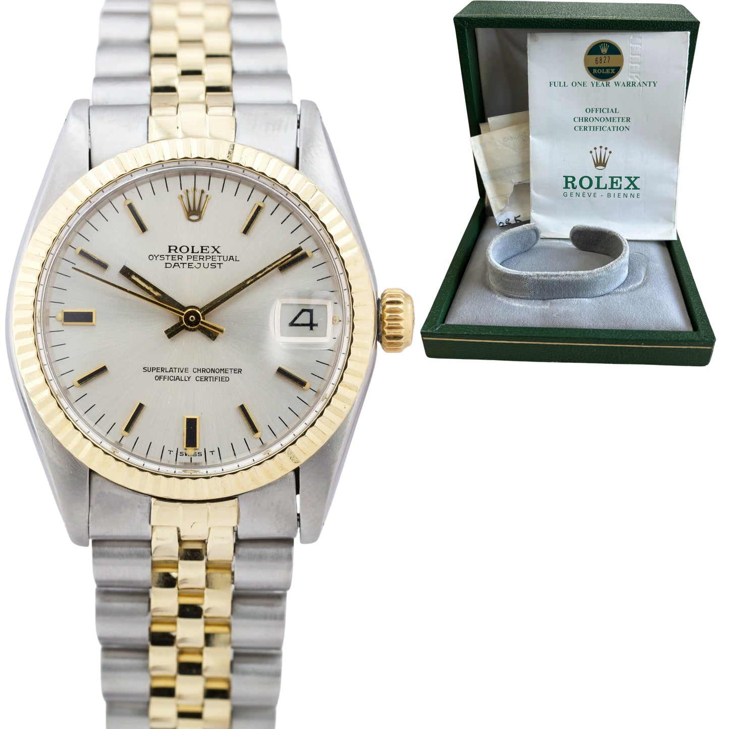 Ladies PAPERS Rolex DateJust 31mm Midsize Two-Tone Steel Gold Silver Watch 6827
