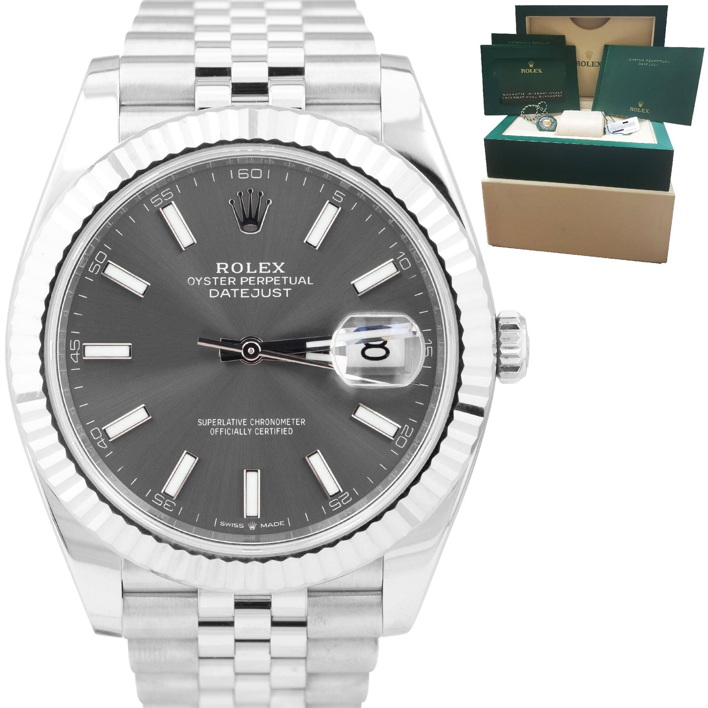 2021 CARD Rolex DateJust 41mm Slate Rhodium Steel Jubilee Watch 126334 Watch B+P