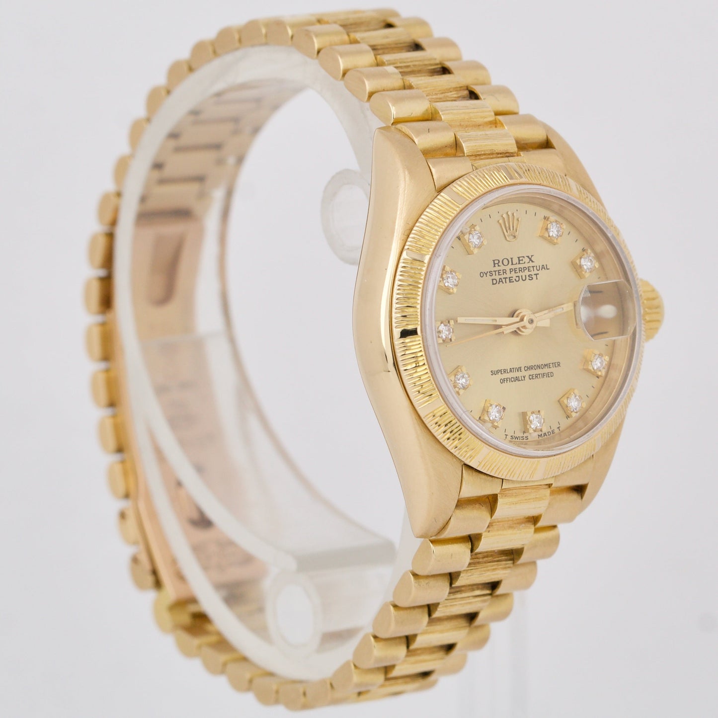 Ladies Rolex DateJust President BARK 26mm CHAMPAGNE DIAMOND 18K Gold Watch 69278