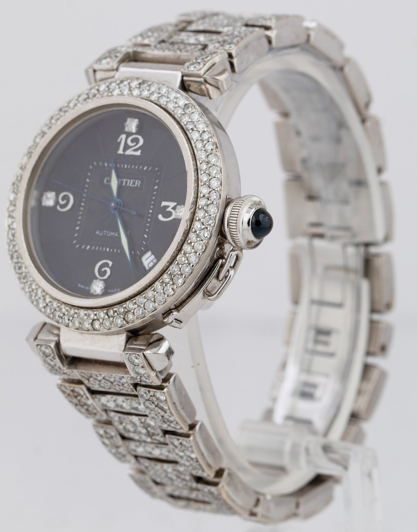 Cartier Pasha Black 38mm DIAMOND 18K White Gold Steel Automatic Date Watch 2353