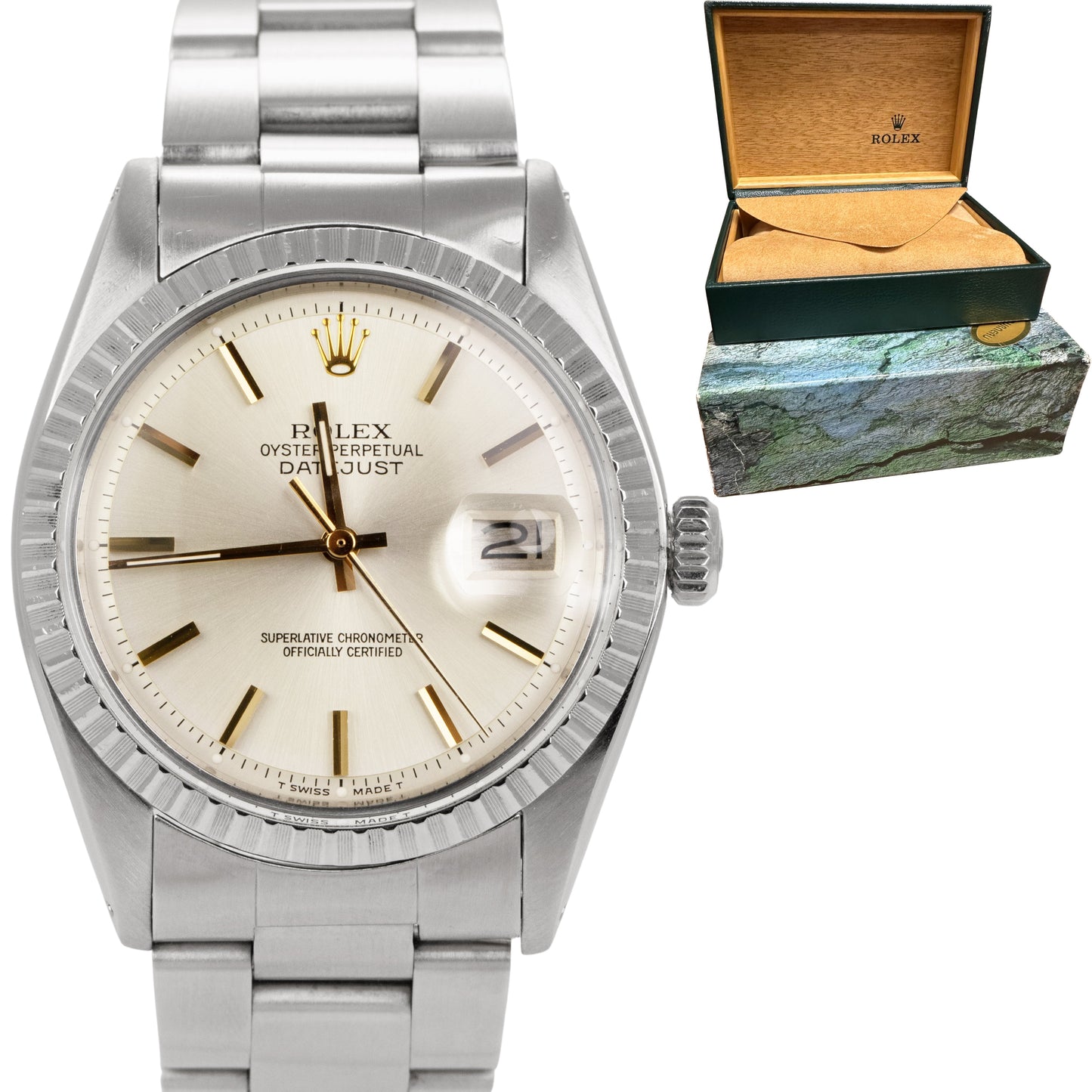 Rolex DateJust 36mm Silver Pie Pan Gold Index Stainless Steel Watch 1603 BOX
