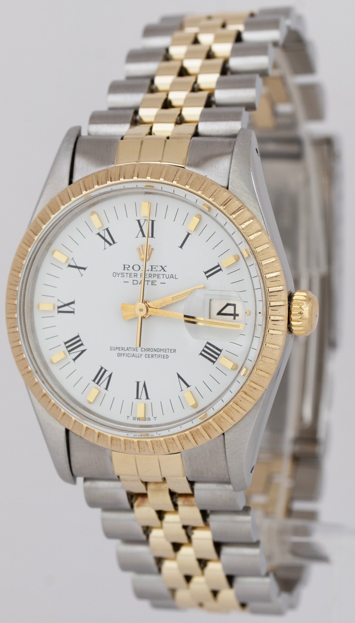 Rolex Oyster Perpetual Date 34mm White Two-Tone 18K Gold Steel Watch 15053