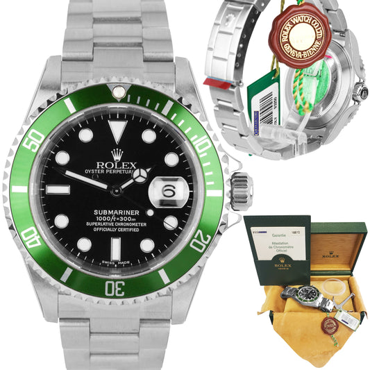 NOS STICKERED 2003 Rolex Submariner KERMIT Green FLAT 4 F-Serial Watch 16610 LV