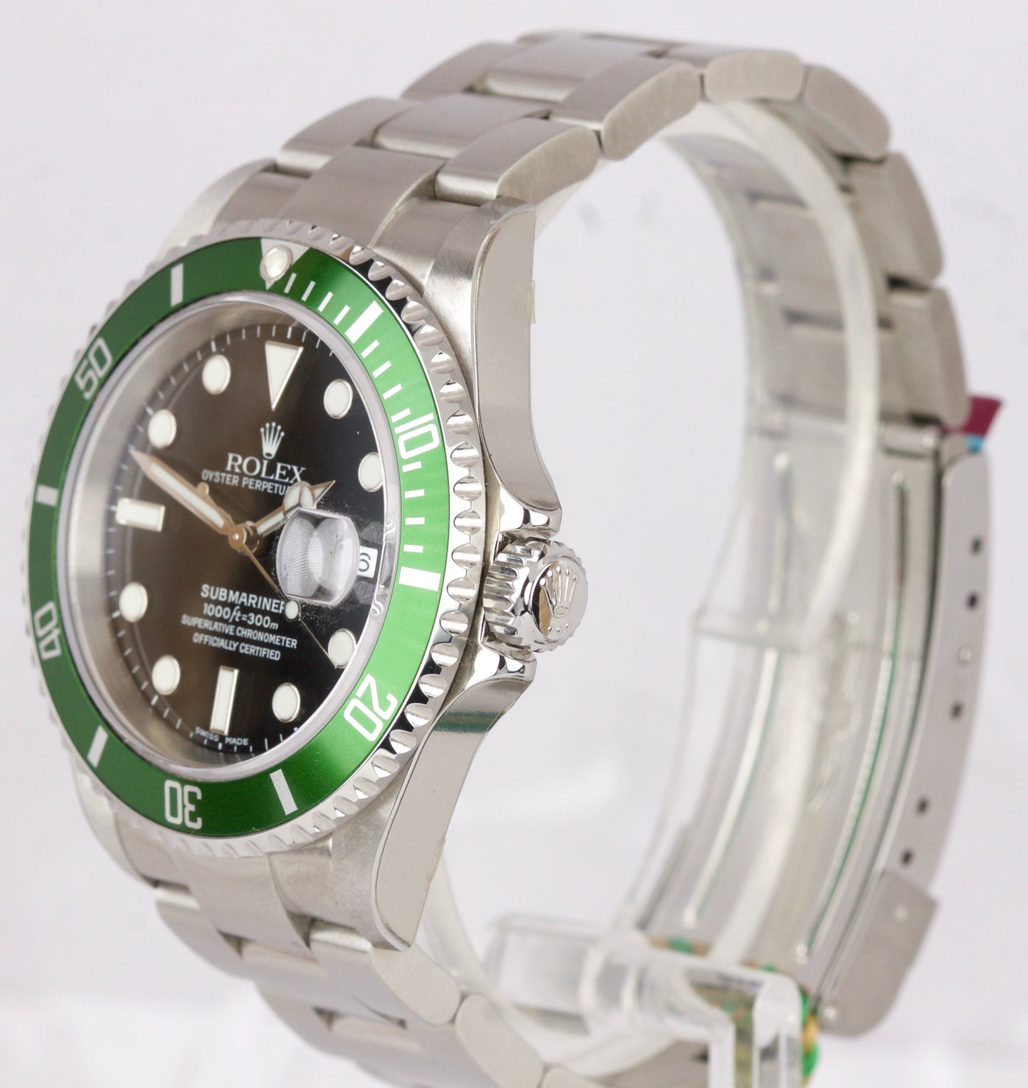 NOS STICKERED 2003 Rolex Submariner KERMIT Green FLAT 4 F-Serial Watch 16610 LV