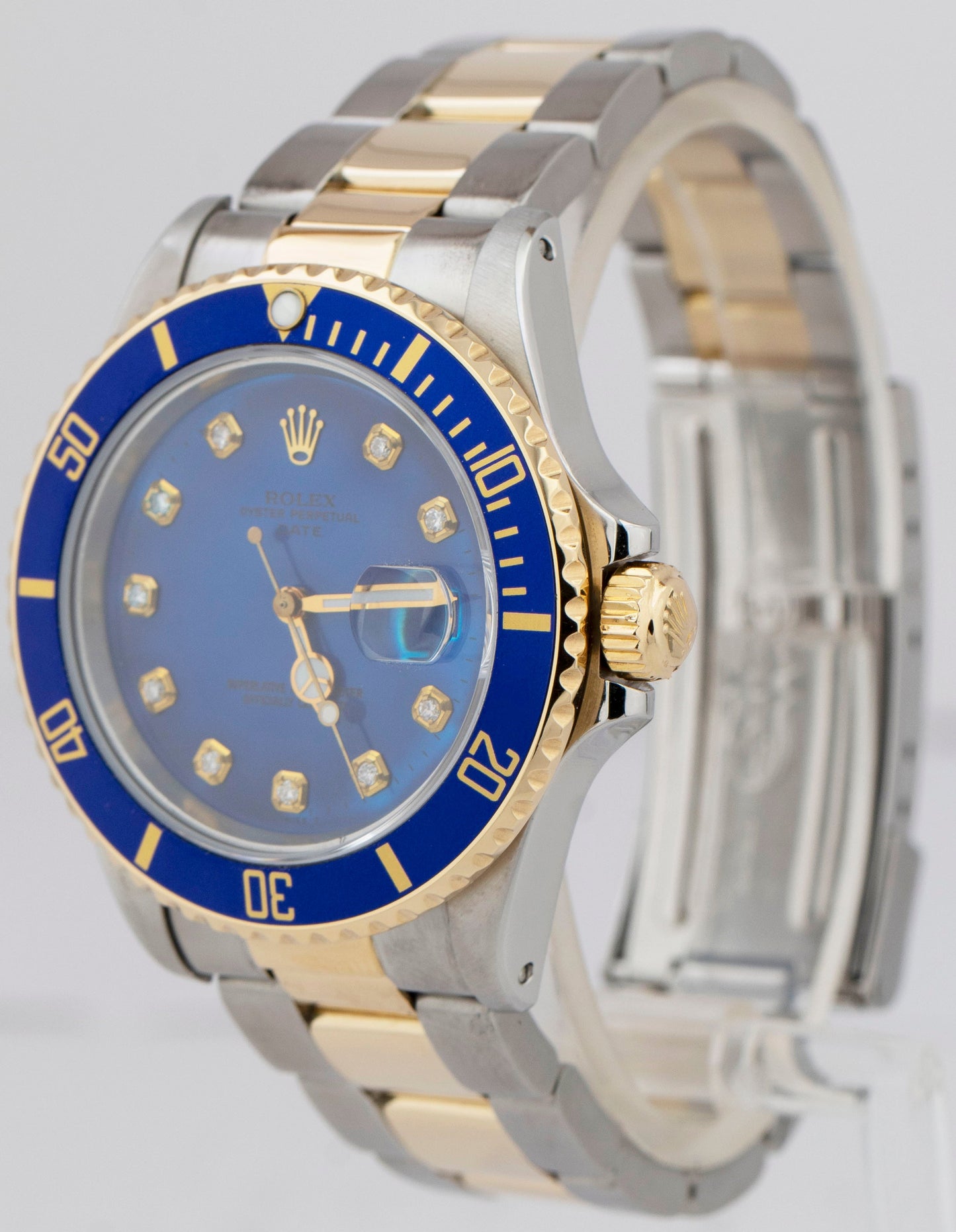 Rolex Submariner Date 18K Yellow Gold DIAMOND Stainless Blue 40mm Watch 16803