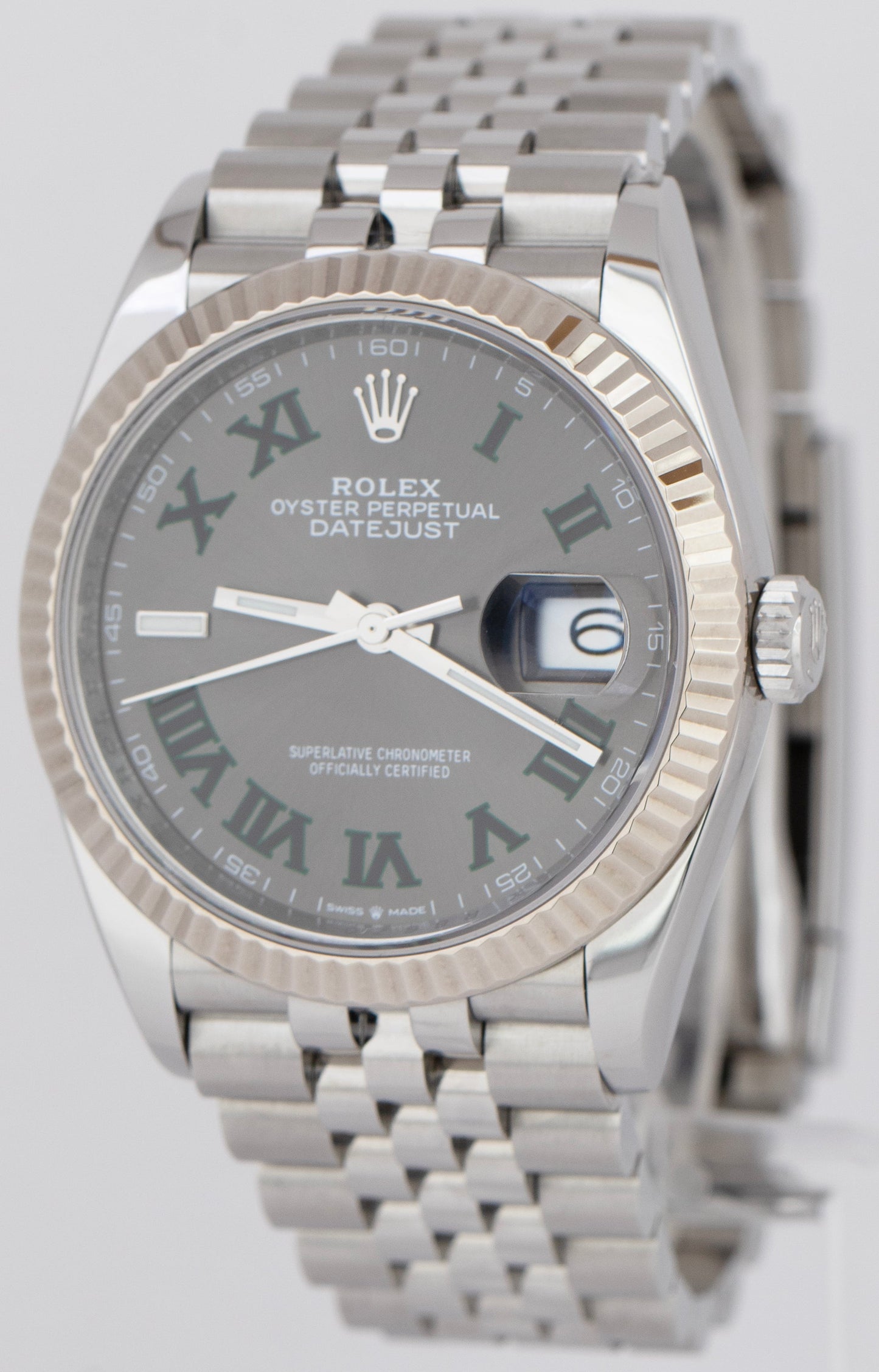 Rolex DateJust Wimbledon 36mm Fluted Steel 18K White Gold Jubilee Watch 126234