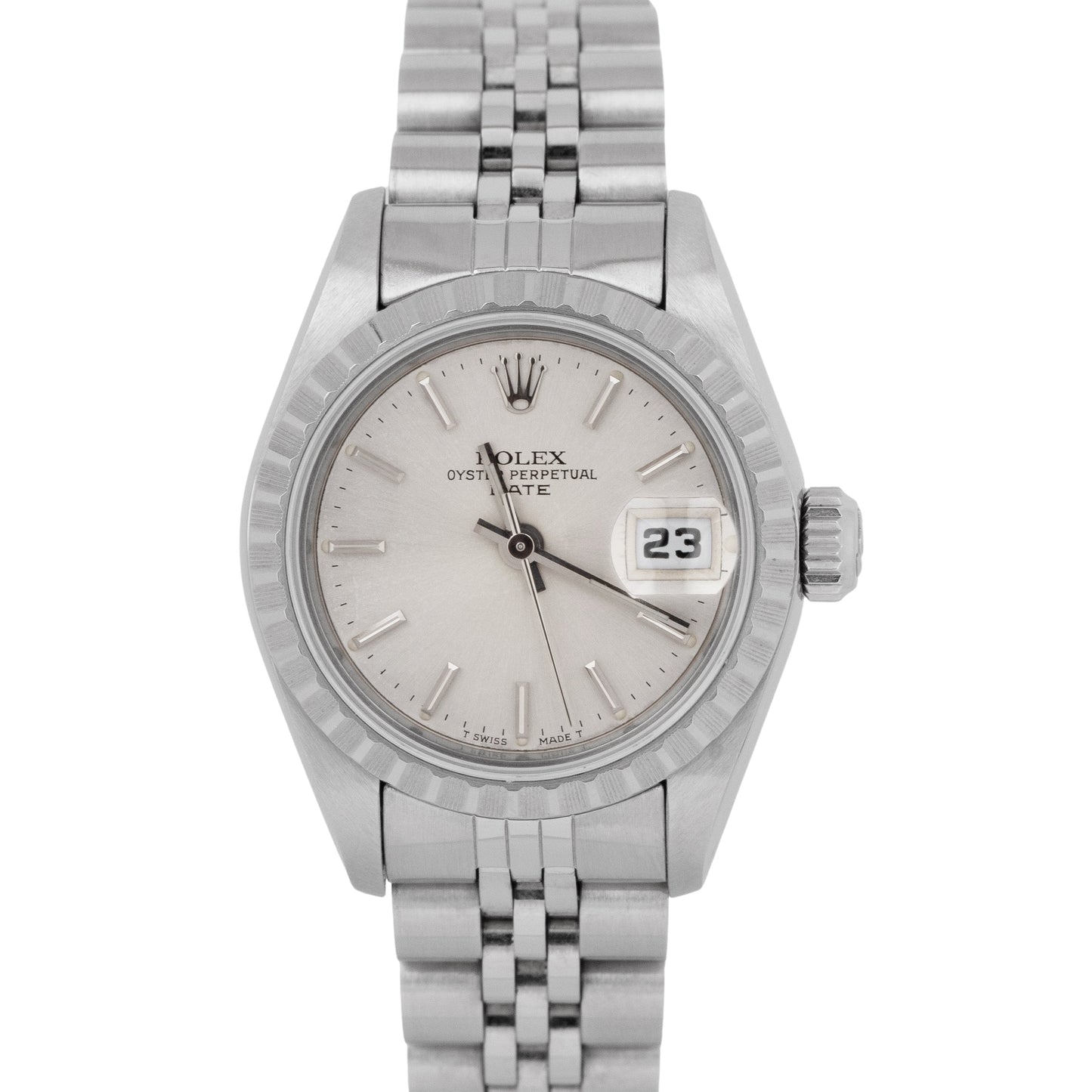 Rolex Oyster Perpetual Date 26mm Silver Steel Engine-Turned Jubilee Watch 69240