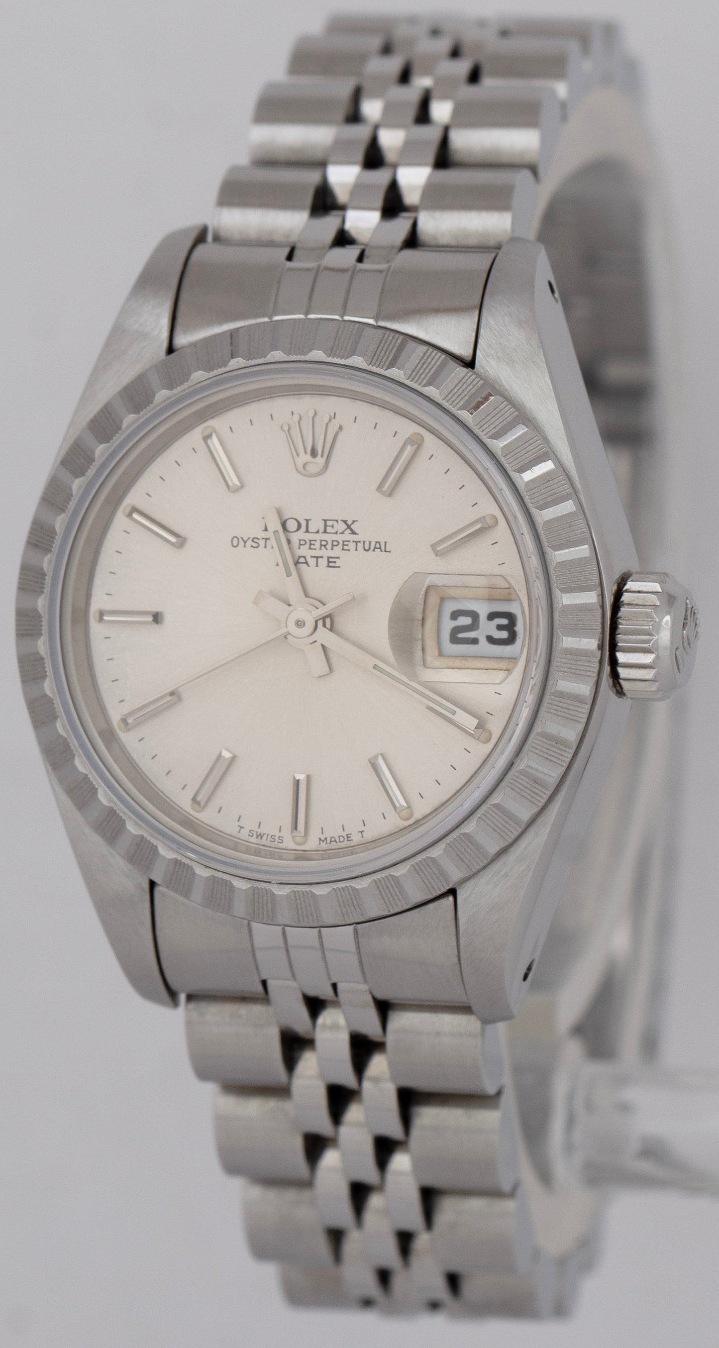 Rolex Oyster Perpetual Date 26mm Silver Steel Engine-Turned Jubilee Watch 69240