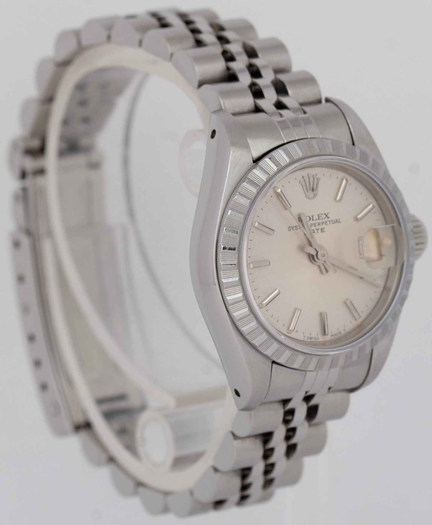 Rolex Oyster Perpetual Date 26mm Silver Steel Engine-Turned Jubilee Watch 69240