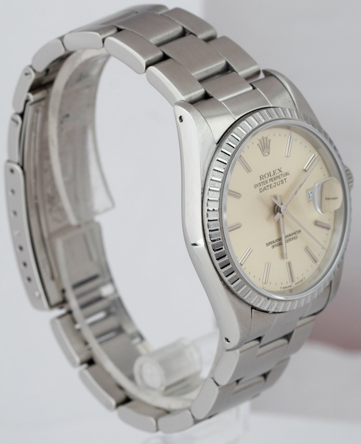 Rolex DateJust 36mm Silver PATINA Stainless Steel Engine Turned Watch 16220