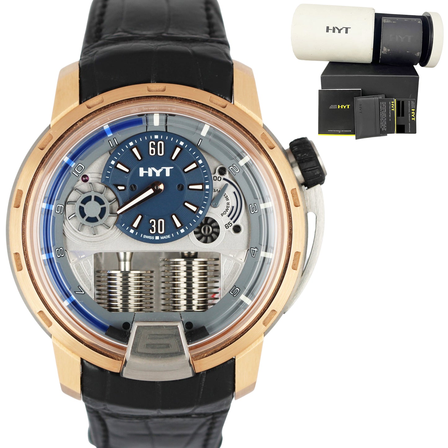 HYT H1 Blue 2 18k Yellow Gold Titanium Leather 48.8mm 148-P6-32-BF-AA Watch BP
