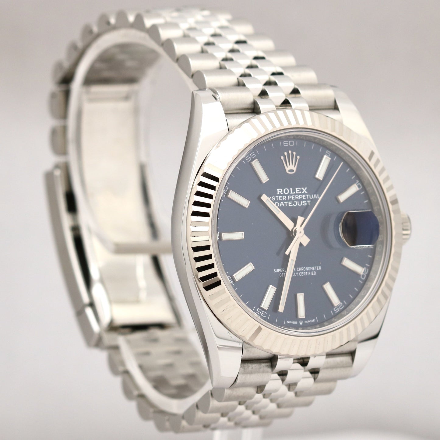 UNWORN Rolex DateJust BLUE Stainless 18K White Gold JUBILEE 126334 41mm Watch BP