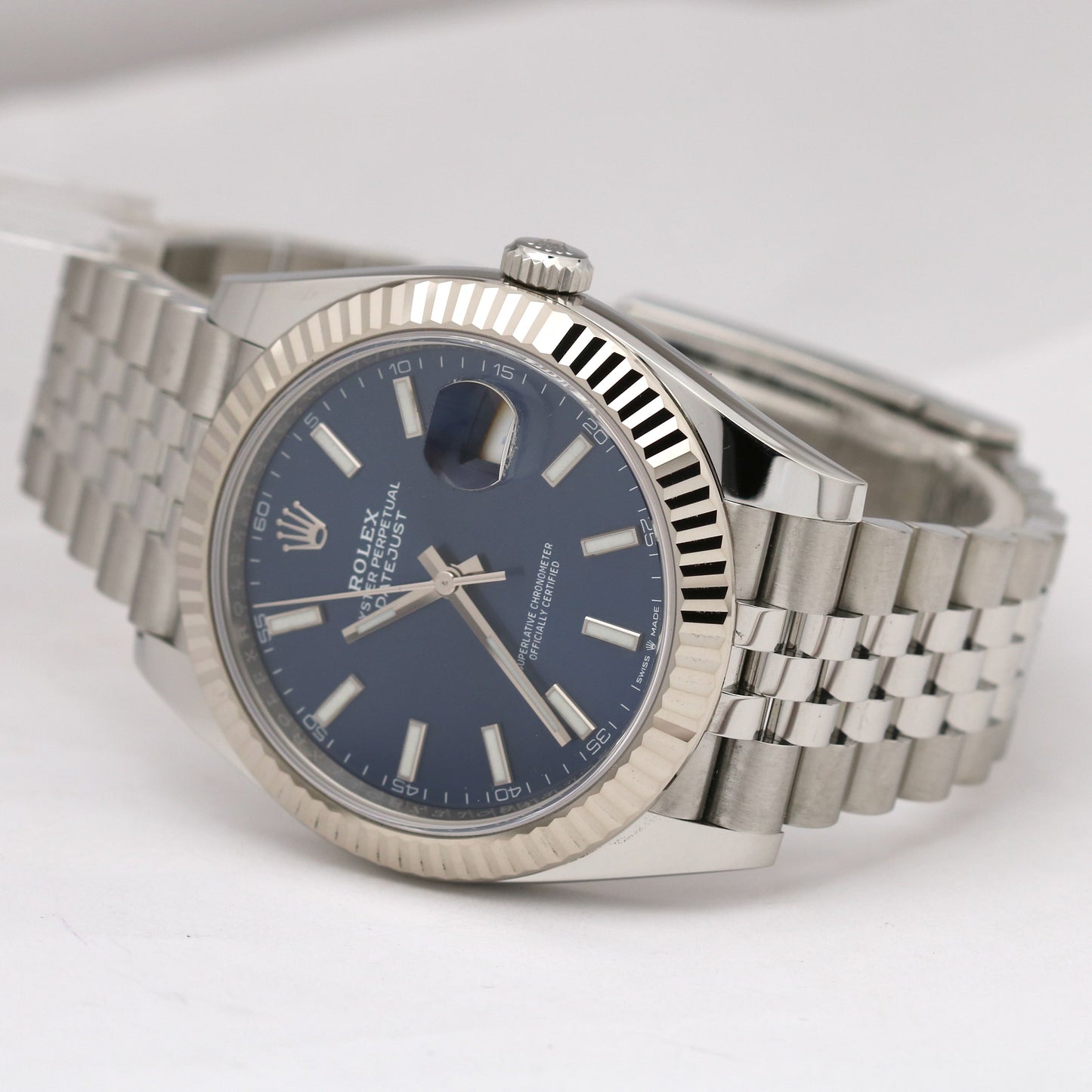 UNWORN Rolex DateJust BLUE Stainless 18K White Gold JUBILEE 126334 41mm Watch BP