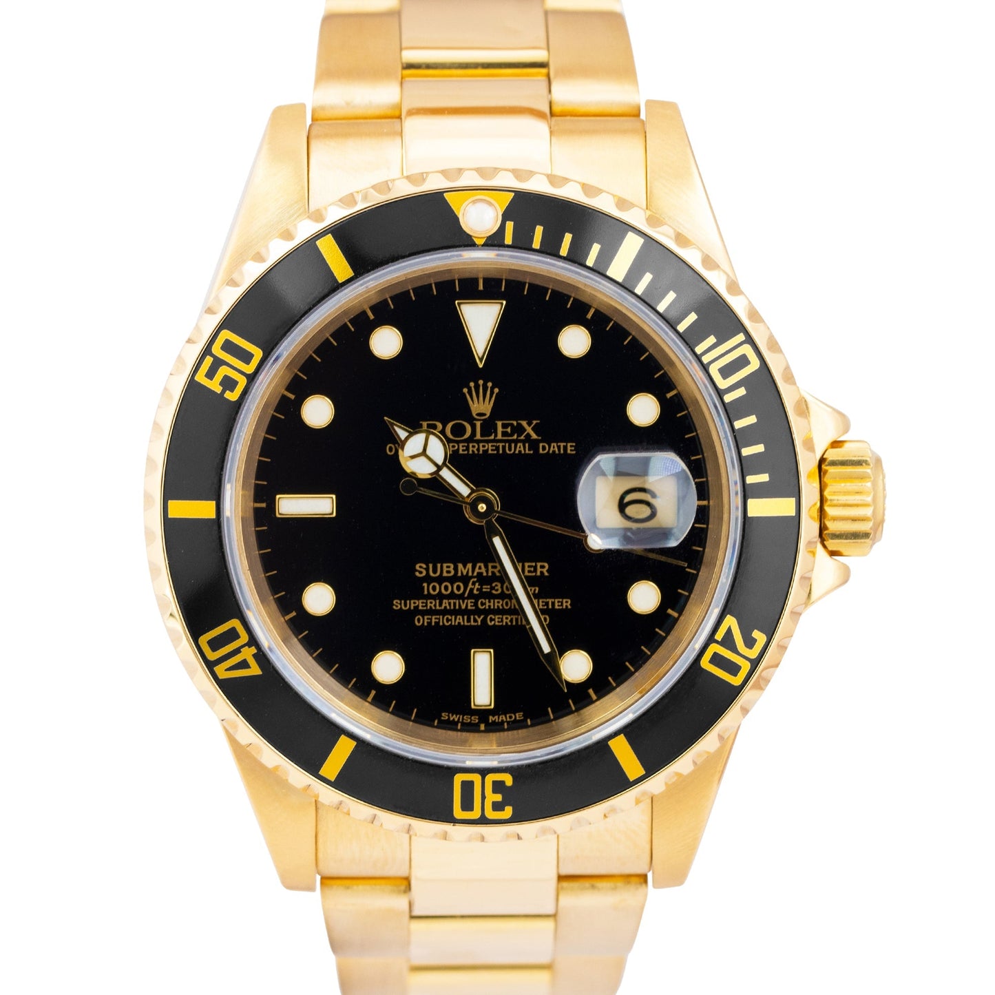 Rolex Submariner Date 18K Yellow Gold Black 40mm NO-HOLES CASE Dive Watch 16618