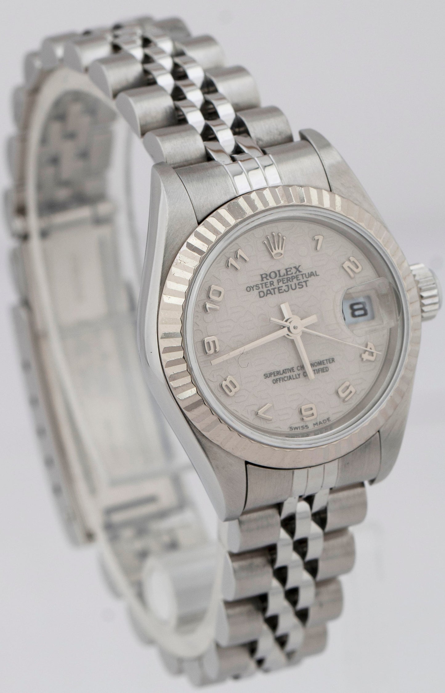 Ladies Rolex DateJust 26mm Silver Steel White Gold Fluted Jubilee Watch 79174
