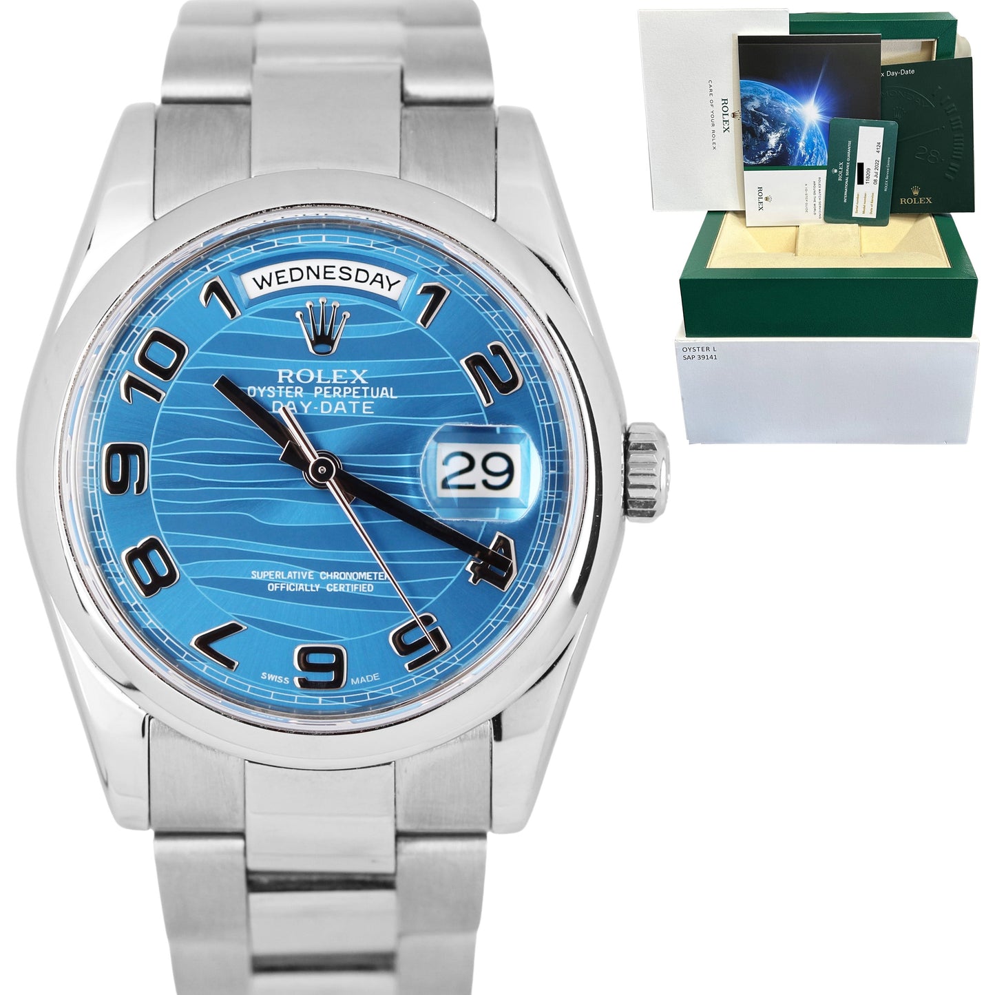 RSC 2022 Rolex Day-Date 36 18k White Gold Blue Wave Dial 118209 BOX