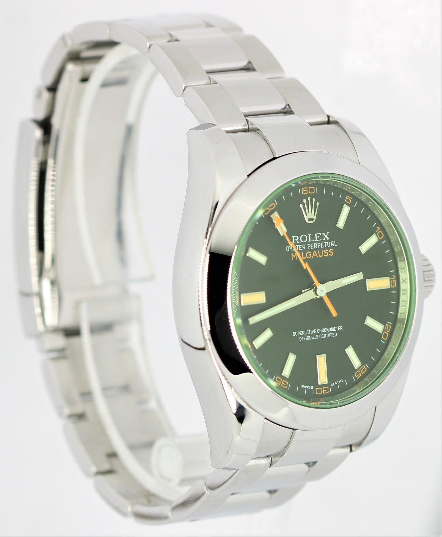 Rolex Milgauss Green Anniversary Crystal Black 40mm Stainless 116400 GV Watch