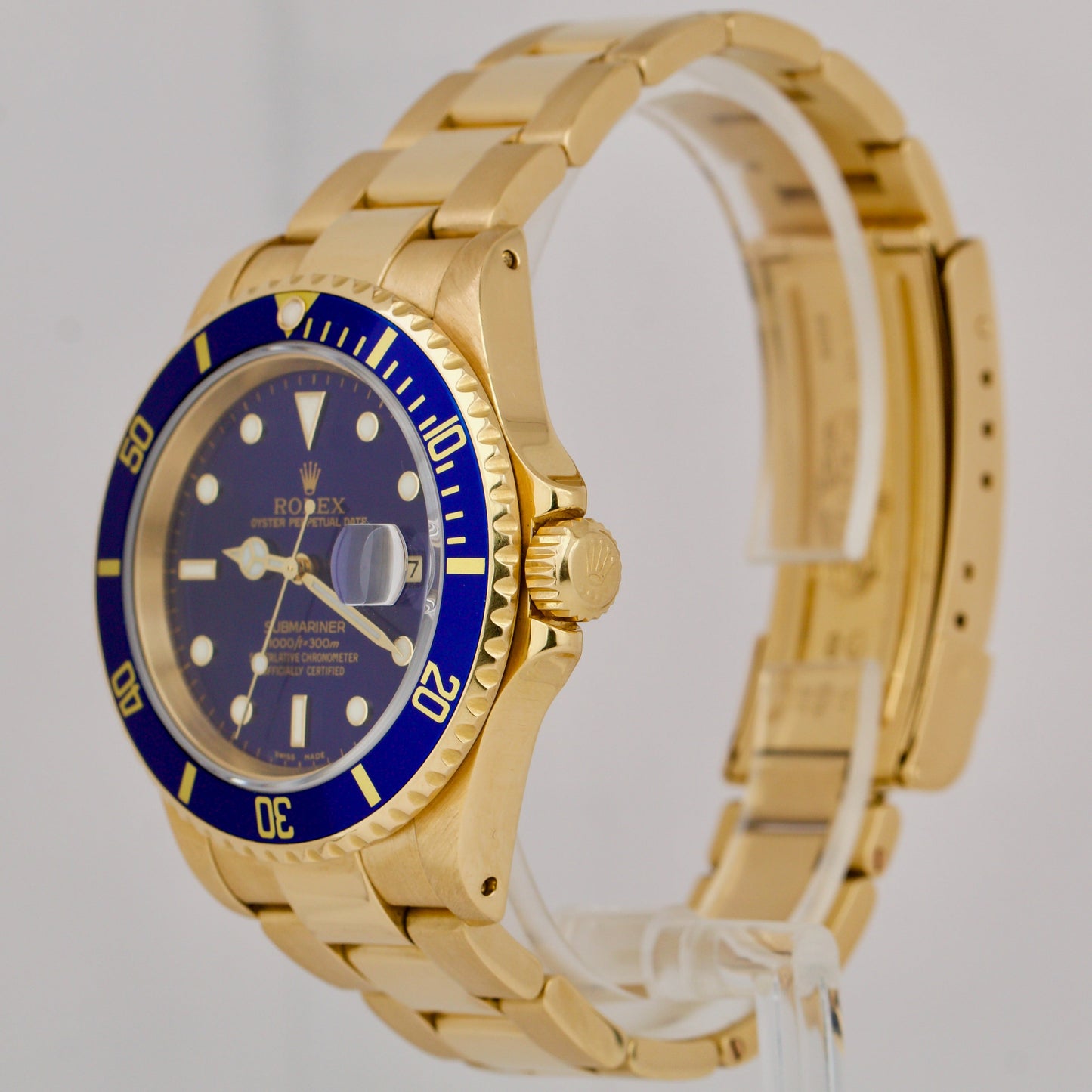 Rolex Submariner Date 18K Yellow Gold BLUE 40mm Automatic Dive 16618 Watch