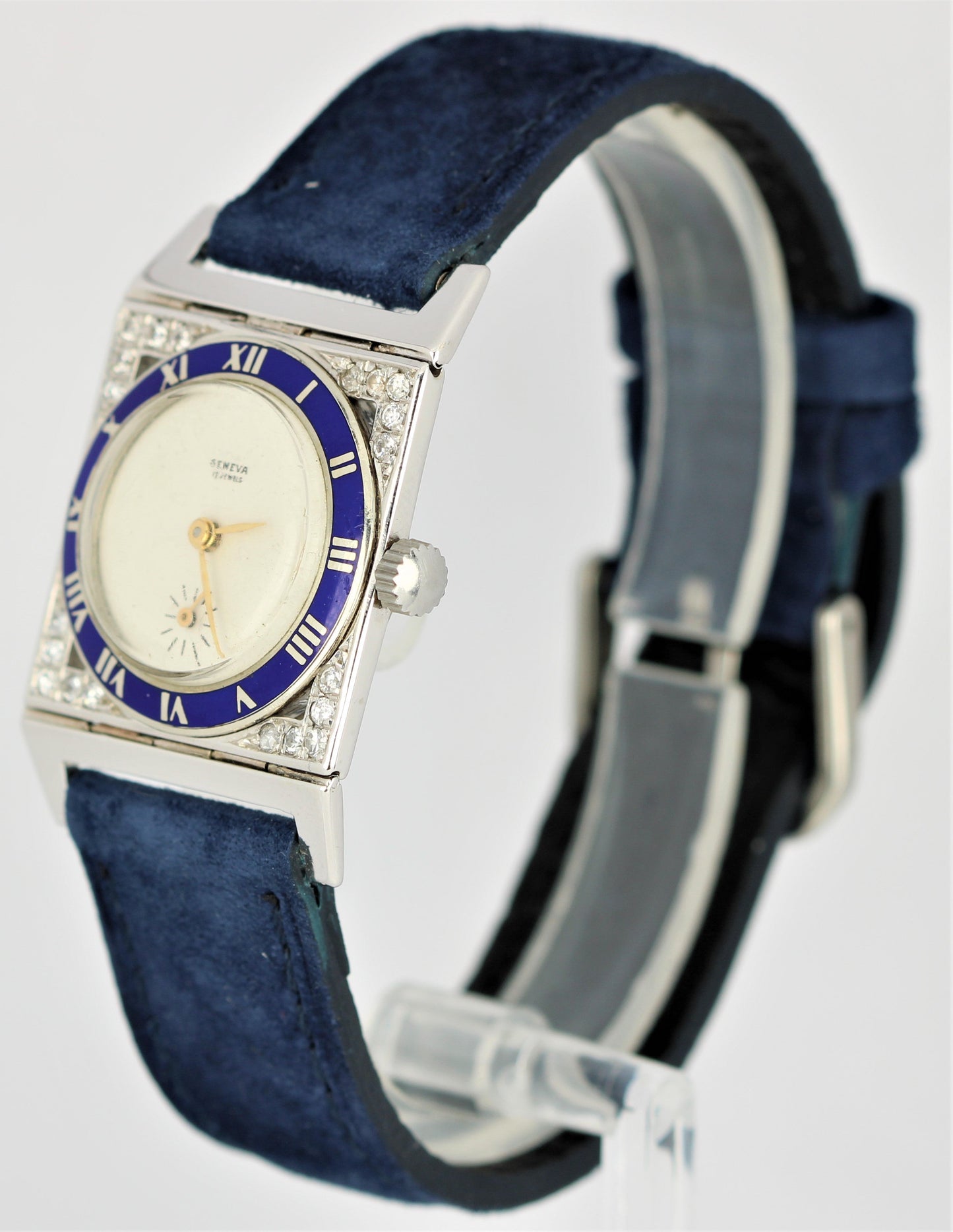 Circa 1930's Vintage Art Deco Geneva Platinum DIA Enamel Blue 17 Jewels Watch