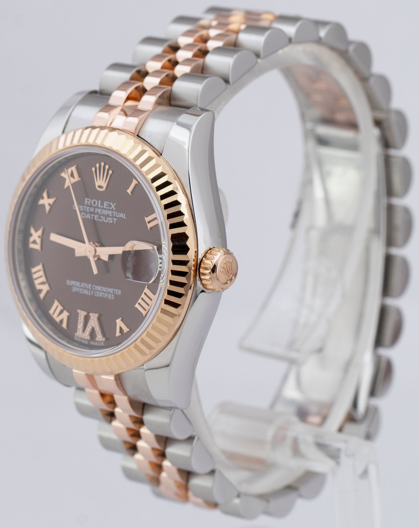 Ladies Rolex DateJust 31 Chocolate Diamond Rose Gold Two Tone 31mm Watch 178271