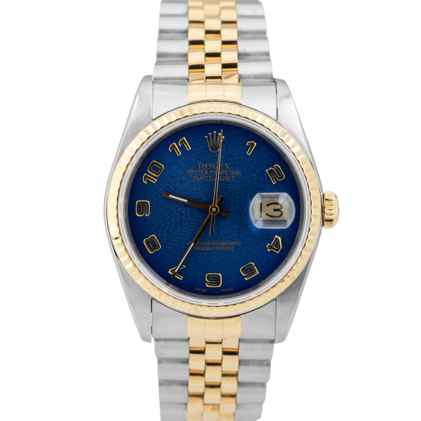 RARE Rolex DateJust 36mm BLUE ARABIC JUBILEE 18K Yellow Gold Steel Watch 16233