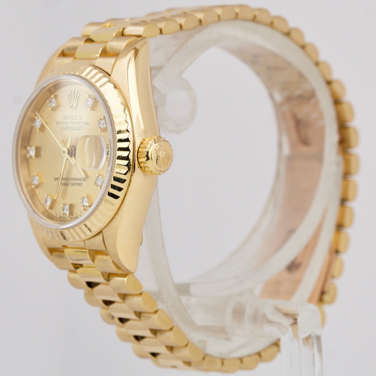 Ladies Rolex DateJust President 26mm CHAMPAGNE DIAMOND 18K Yellow Gold 69178 B+P