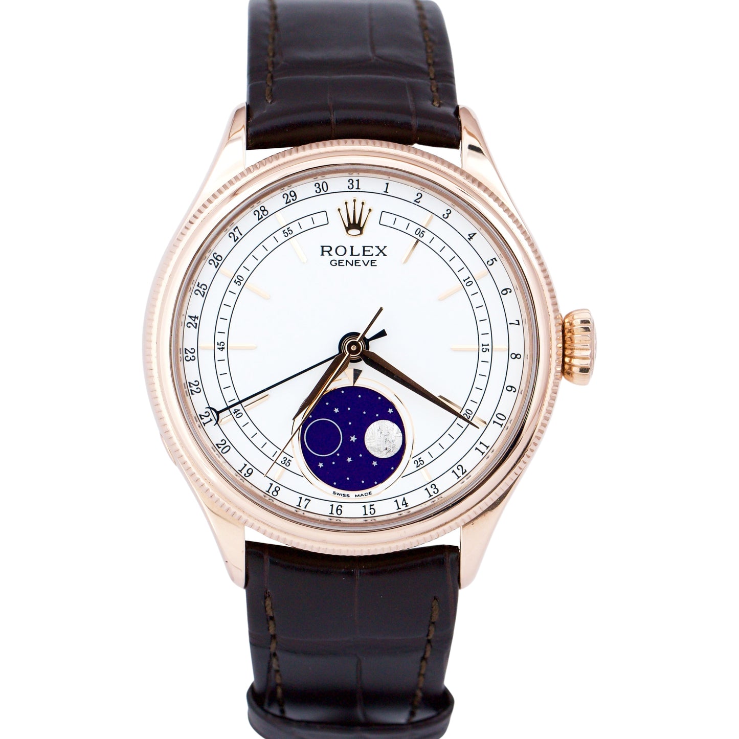 Rolex Cellini Moonphase White Dial 18K Everose Gold 39mm Leather 50535 Watch