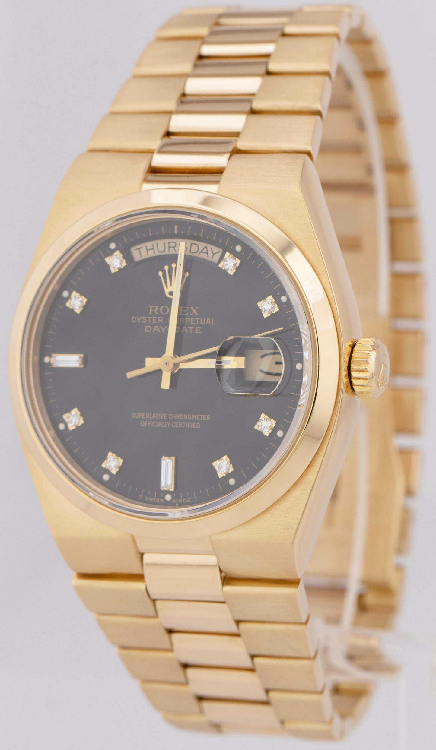 Rolex OysterQuartz Day-Date President Black Diamond 18K Gold 36mm Watch 19018