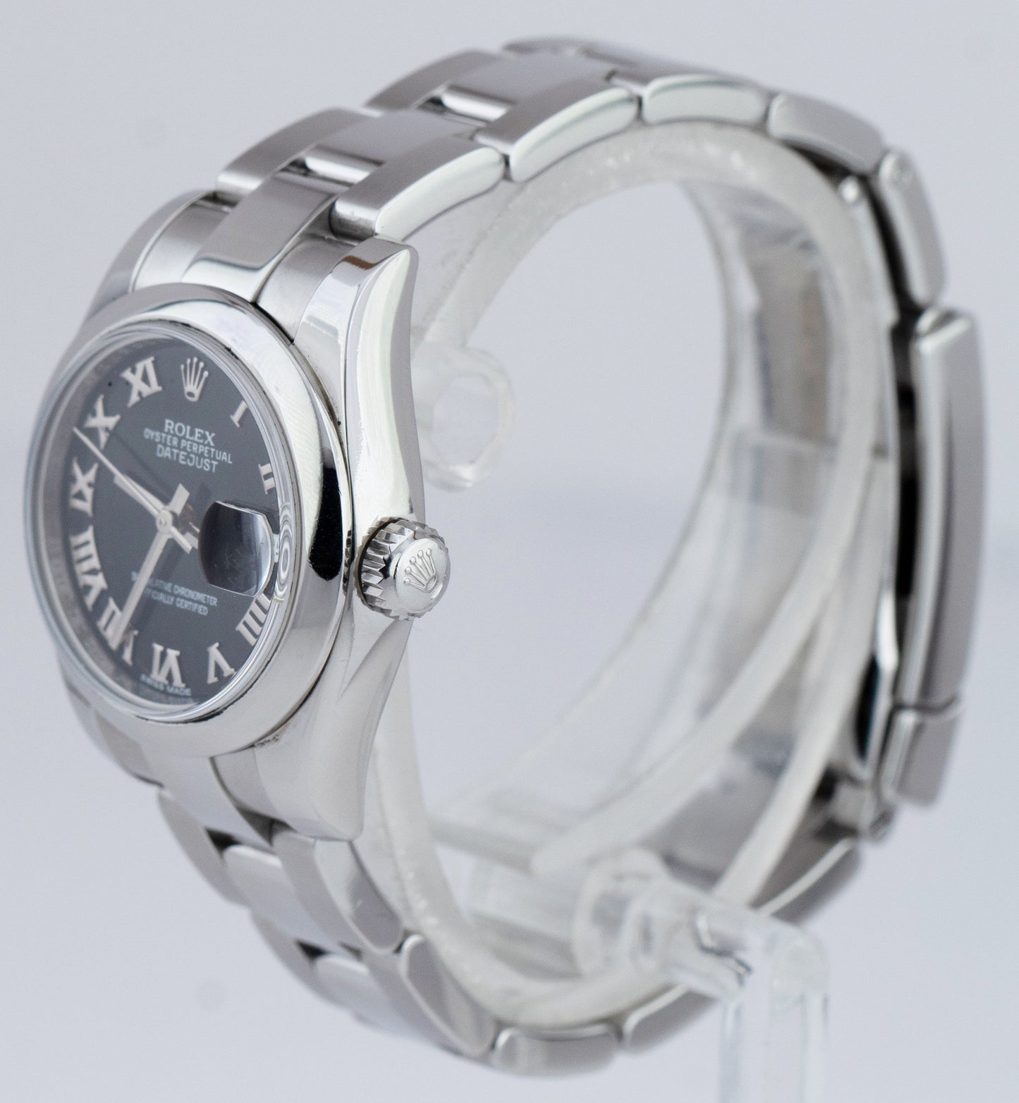 Ladies Rolex DateJust 26mm Black Roman Stainless Steel Oyster Watch 179160 CARD