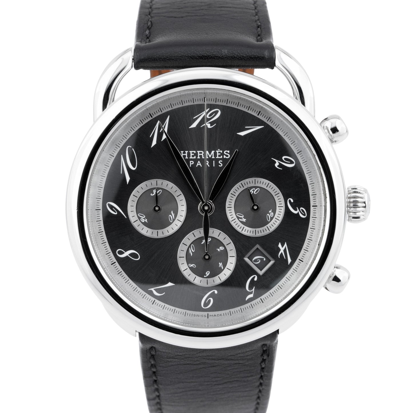 MINT Hermes Arceau Gray Stainless Steel 43mm Chronograph Watch AR4.910 BOX