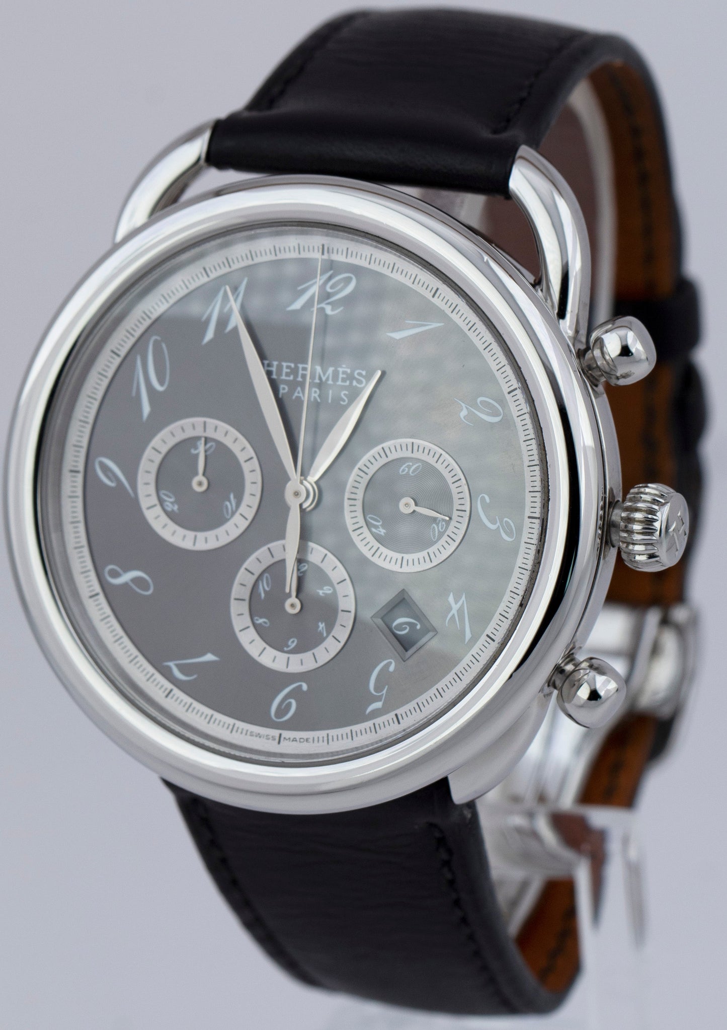 MINT Hermes Arceau Gray Stainless Steel 43mm Chronograph Watch AR4.910 BOX