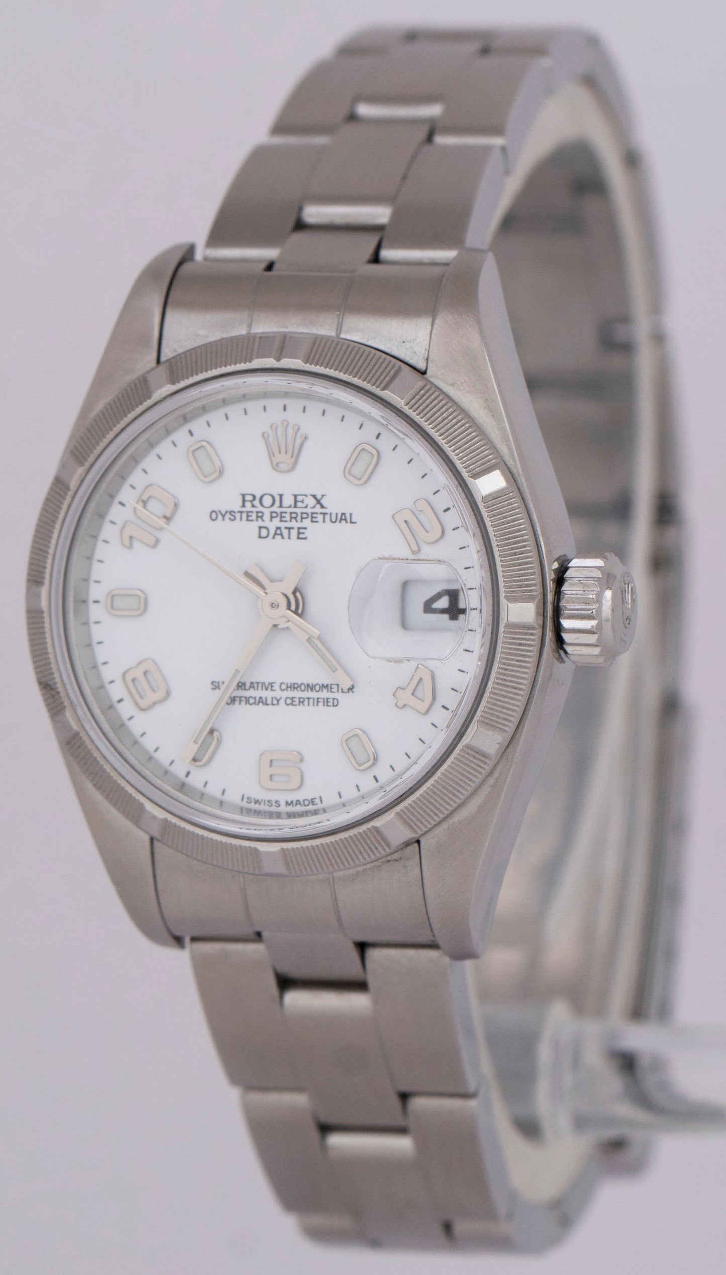 Ladies Rolex Oyster Perpetual Date 26mm White Stainless NO-HOLES Watch 79190