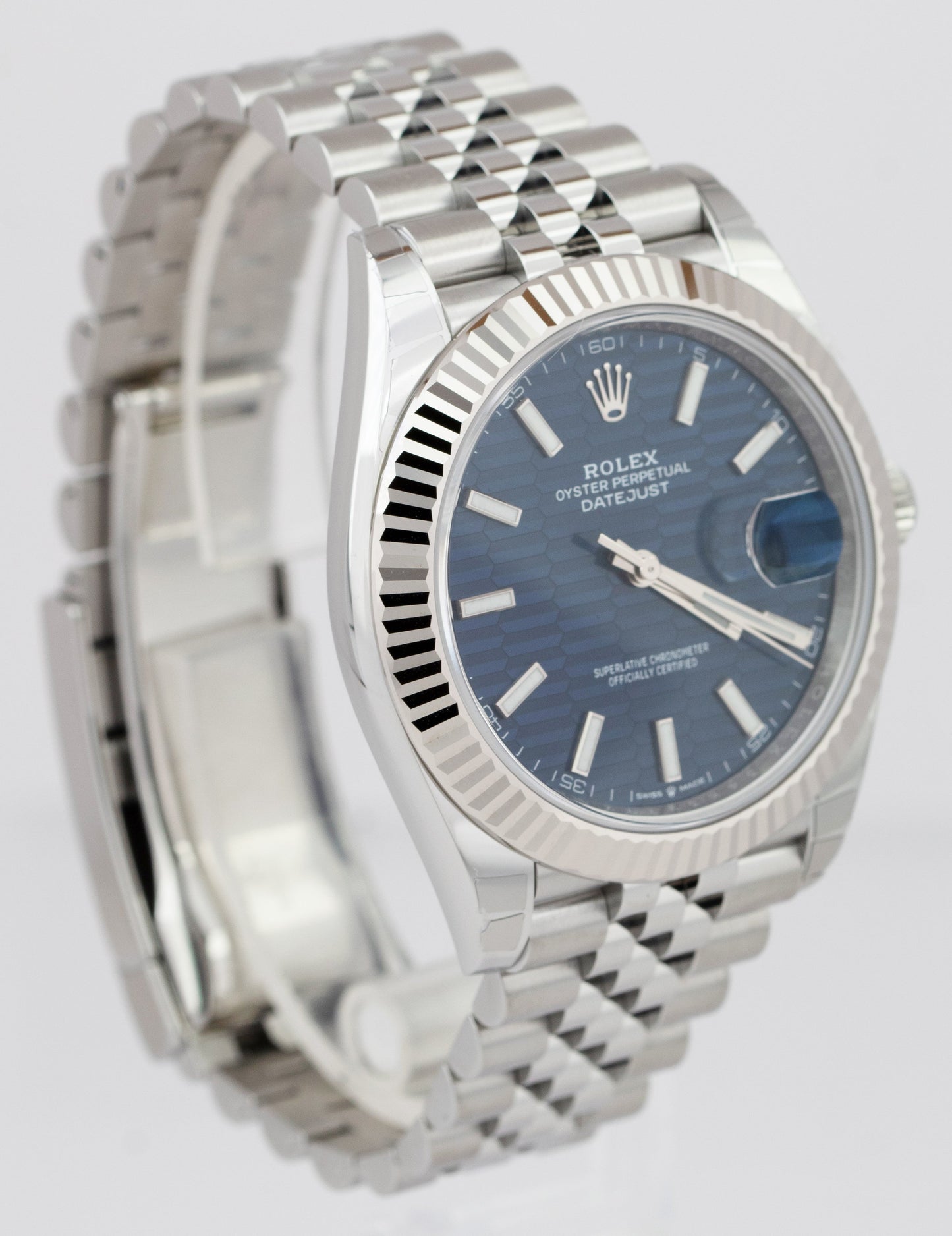 NEW NOV 2022 Rolex DateJust 41 Blue Motif Fluted Steel Jubilee Watch 126334