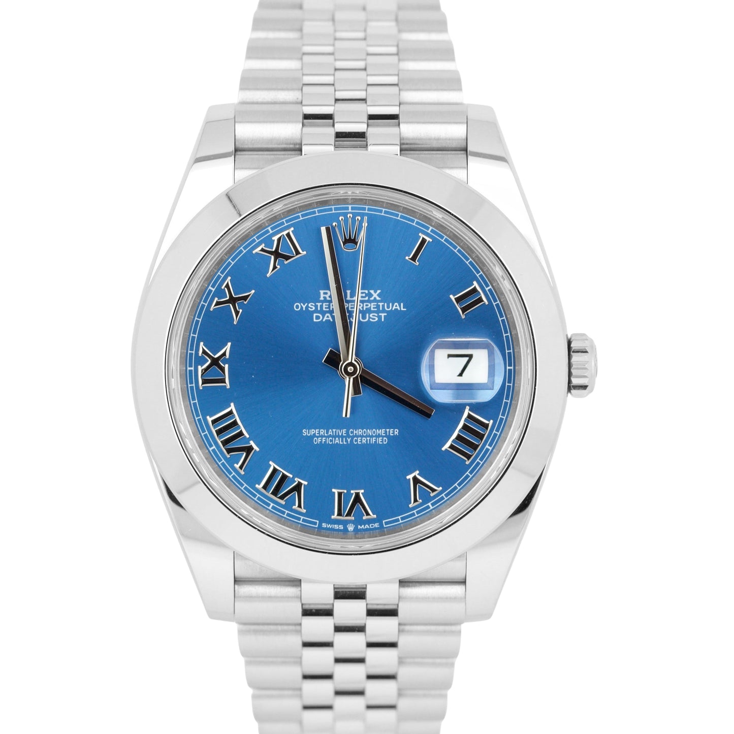 2022 Rolex DateJust Azzurro Blue Roman JUBILEE Stainless 126300 41mm Watch B+P