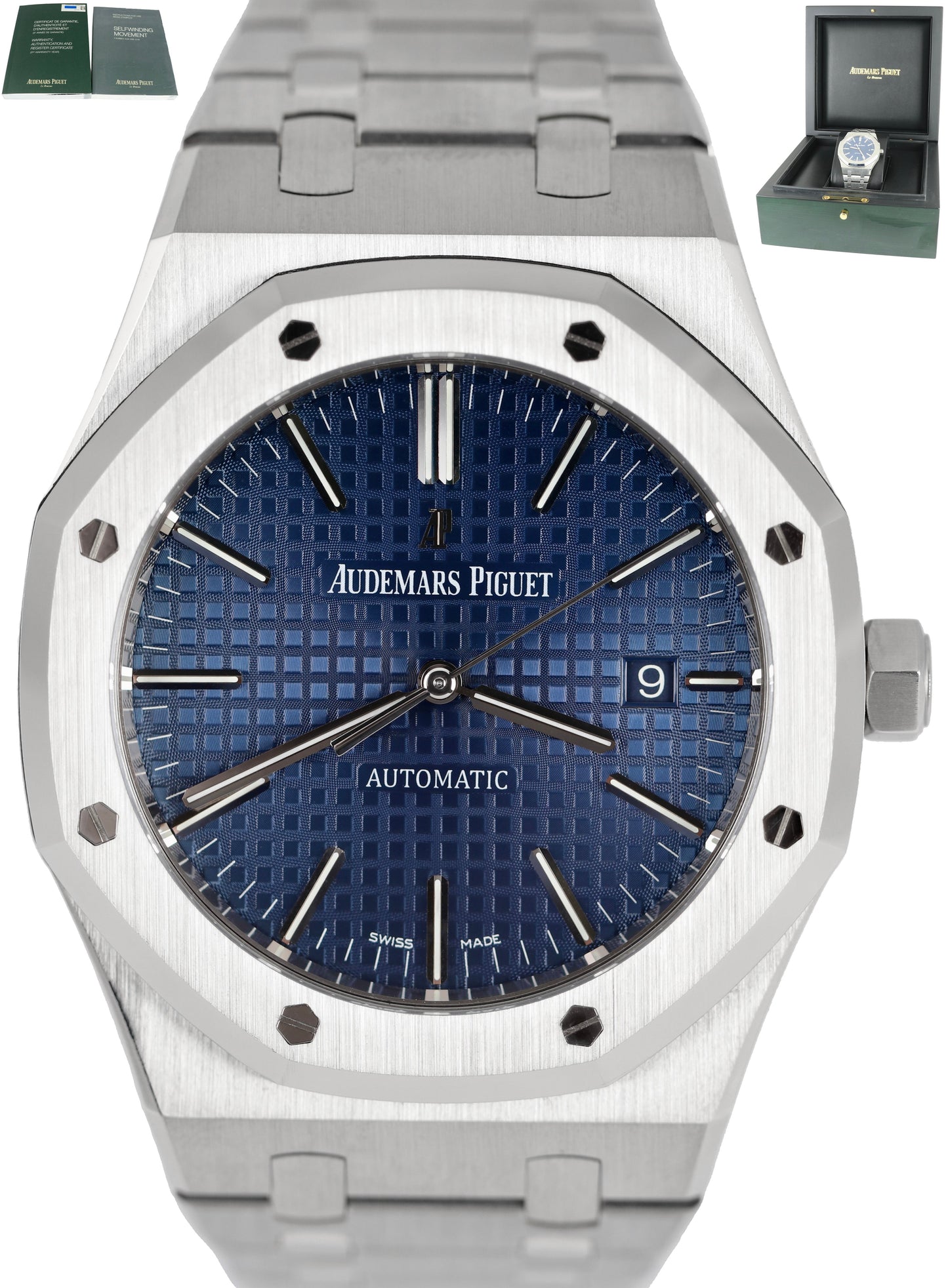 MINT Audemars Piguet AP Royal Oak 41mm Stainless Steel Blue 15400 B+P Watch