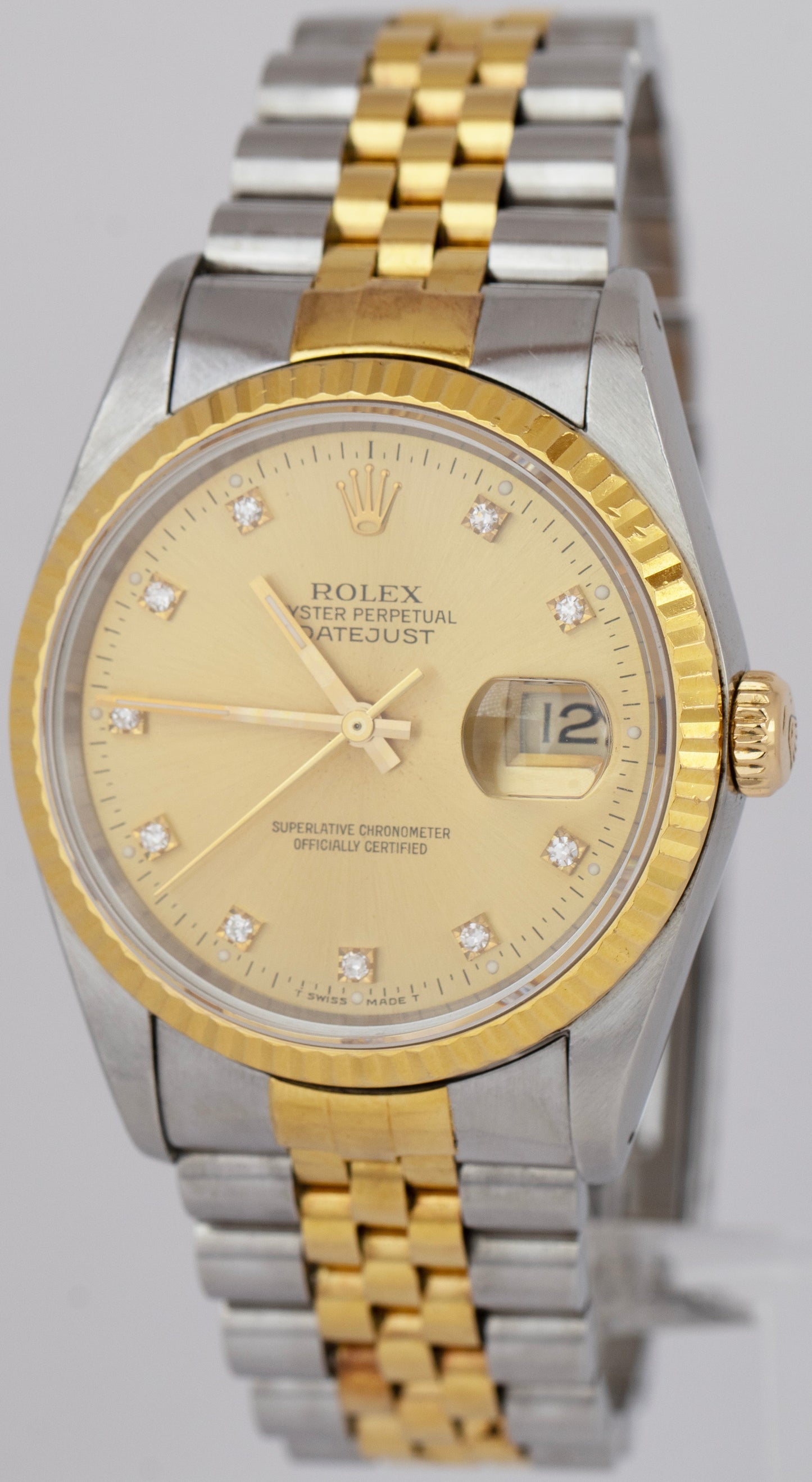 UNPOLISHED Rolex DateJust 36mm Champagne Diamond Dial 18K Gold Steel Watch 16233