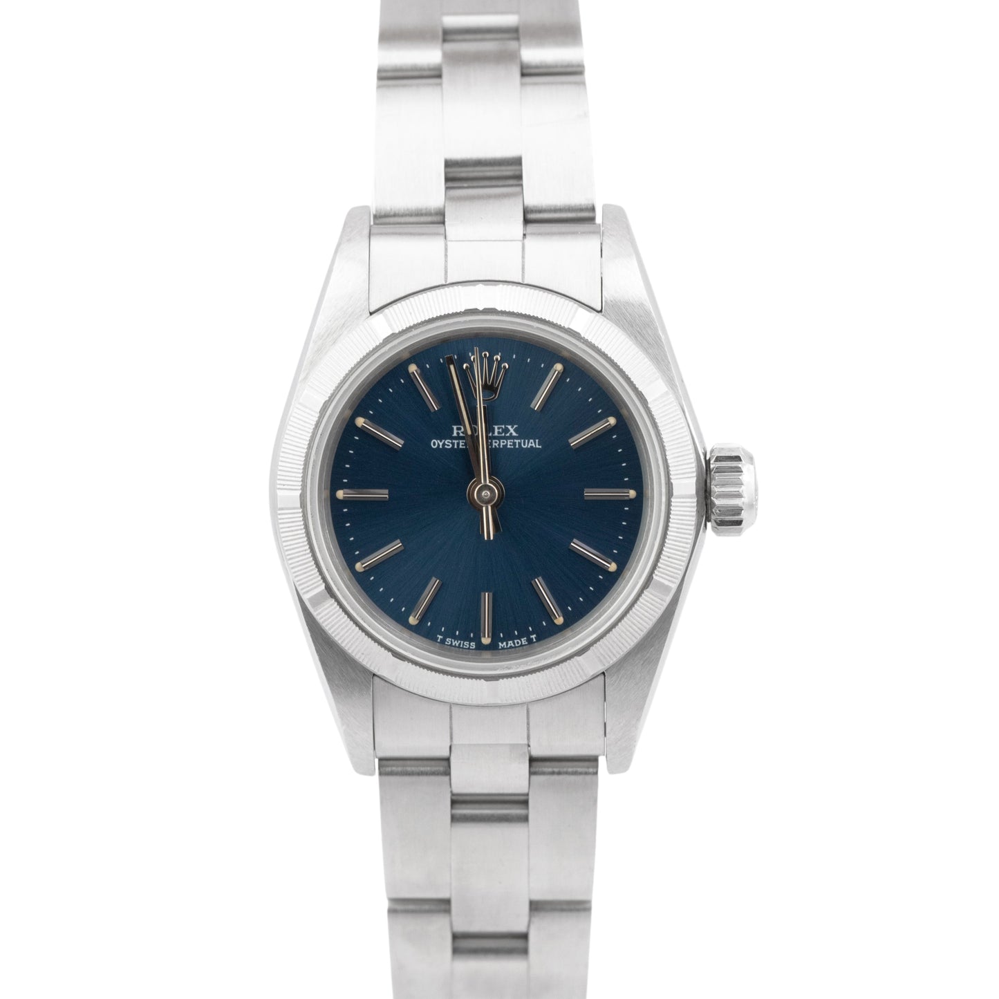 Ladies Rolex Oyster Perpetual Engine Turned Blue 24mm Steel Oyster Watch 67230