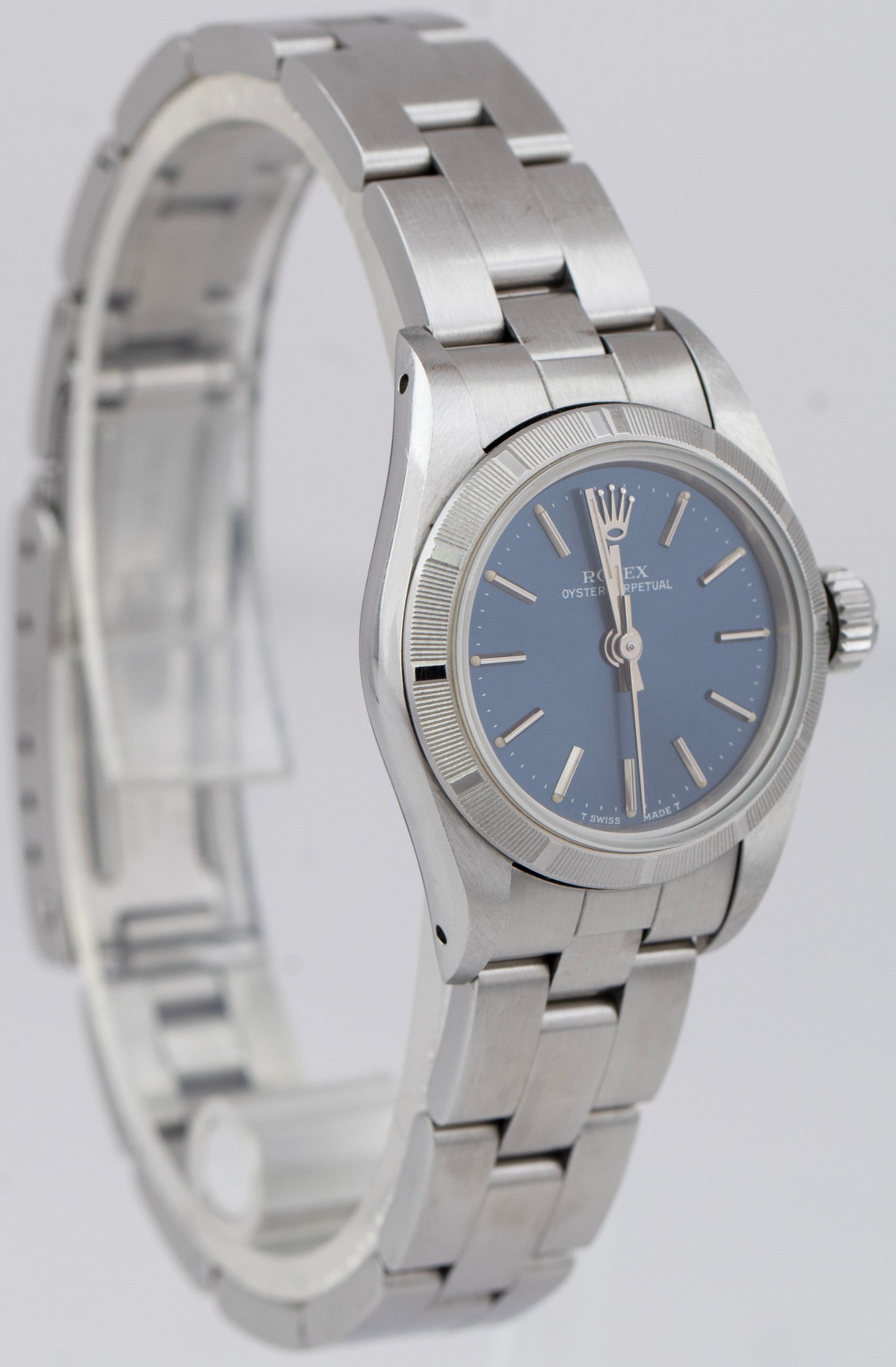 Ladies Rolex Oyster Perpetual Engine Turned Blue 24mm Steel Oyster Watch 67230