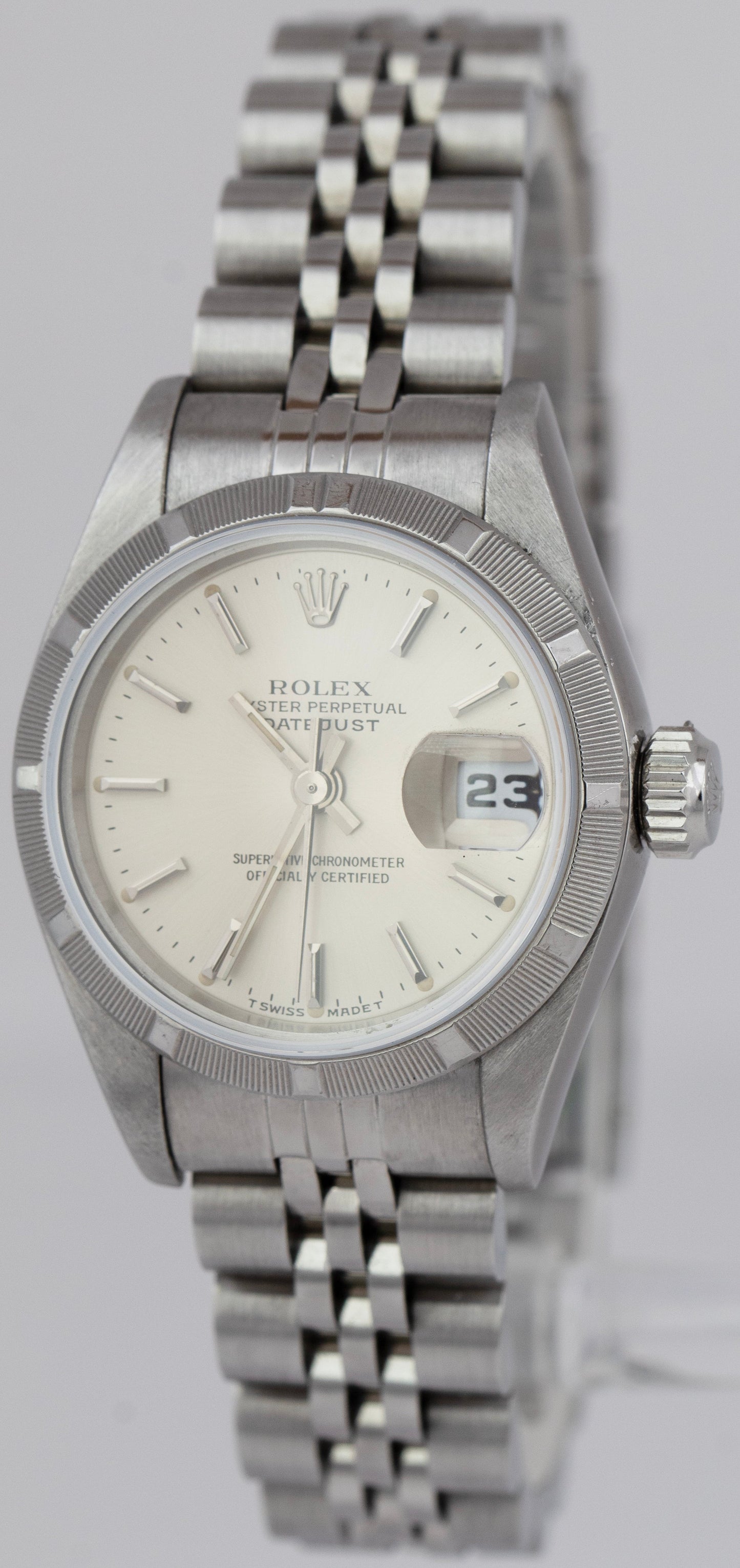 Ladies Rolex DateJust 26mm Silver Stainless Steel Engine Turned Watch 69240