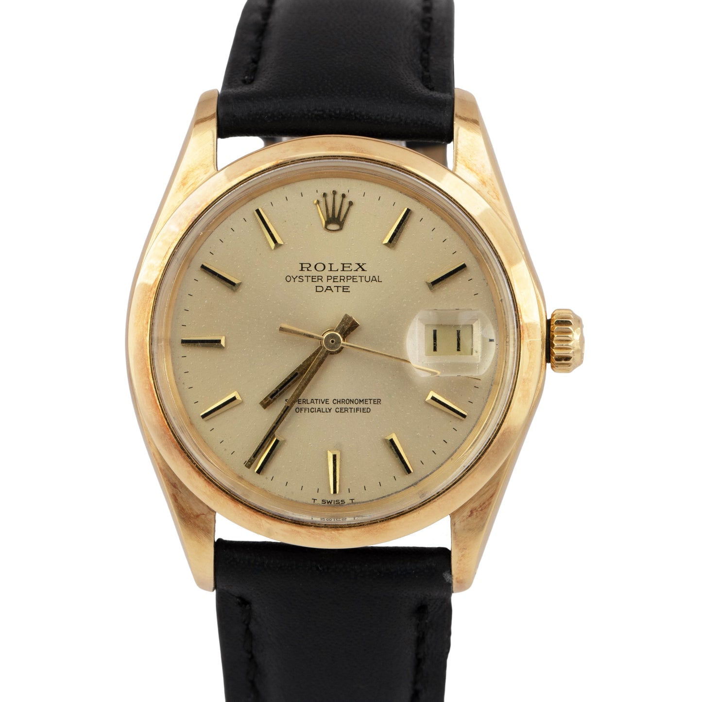 Rolex Oyster Perpetual Date 34mm Champagne 18K Gold Leather Strap Watch 1500