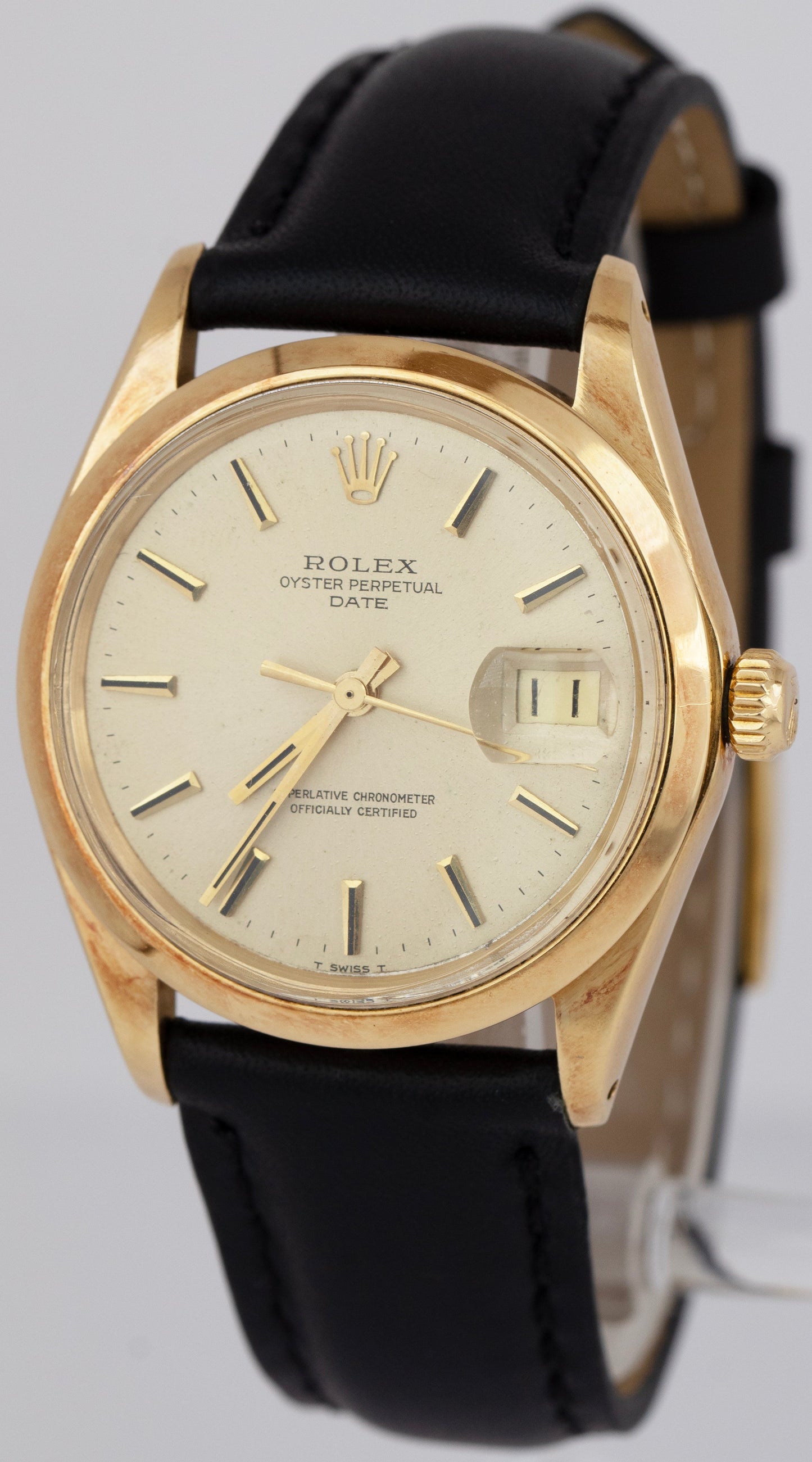 Rolex Oyster Perpetual Date 34mm Champagne 18K Gold Leather Strap Watch 1500