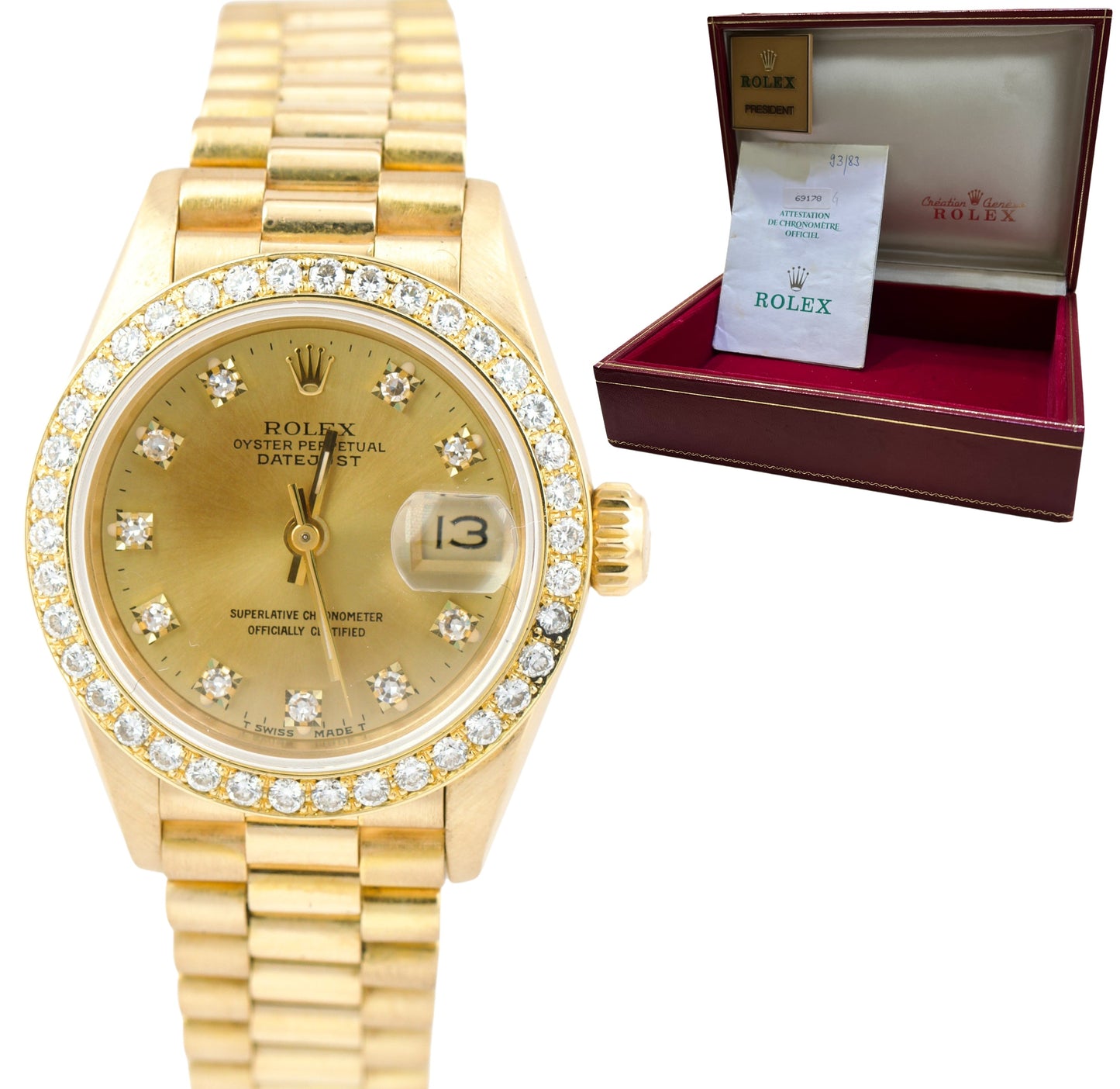Ladies Rolex DateJust President 26mm Diamond Dial Bezel 18K GOLD Watch 69178 BP