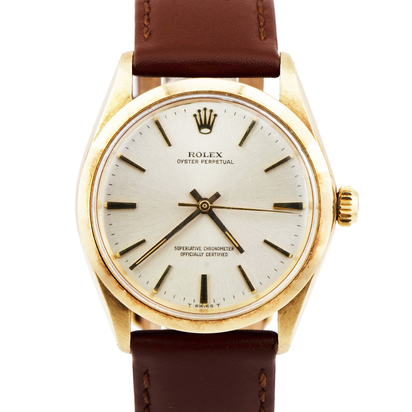 Rolex Oyster Perpetual 14K Yellow Gold 34mm Automatic Brown Leather Watch 1002