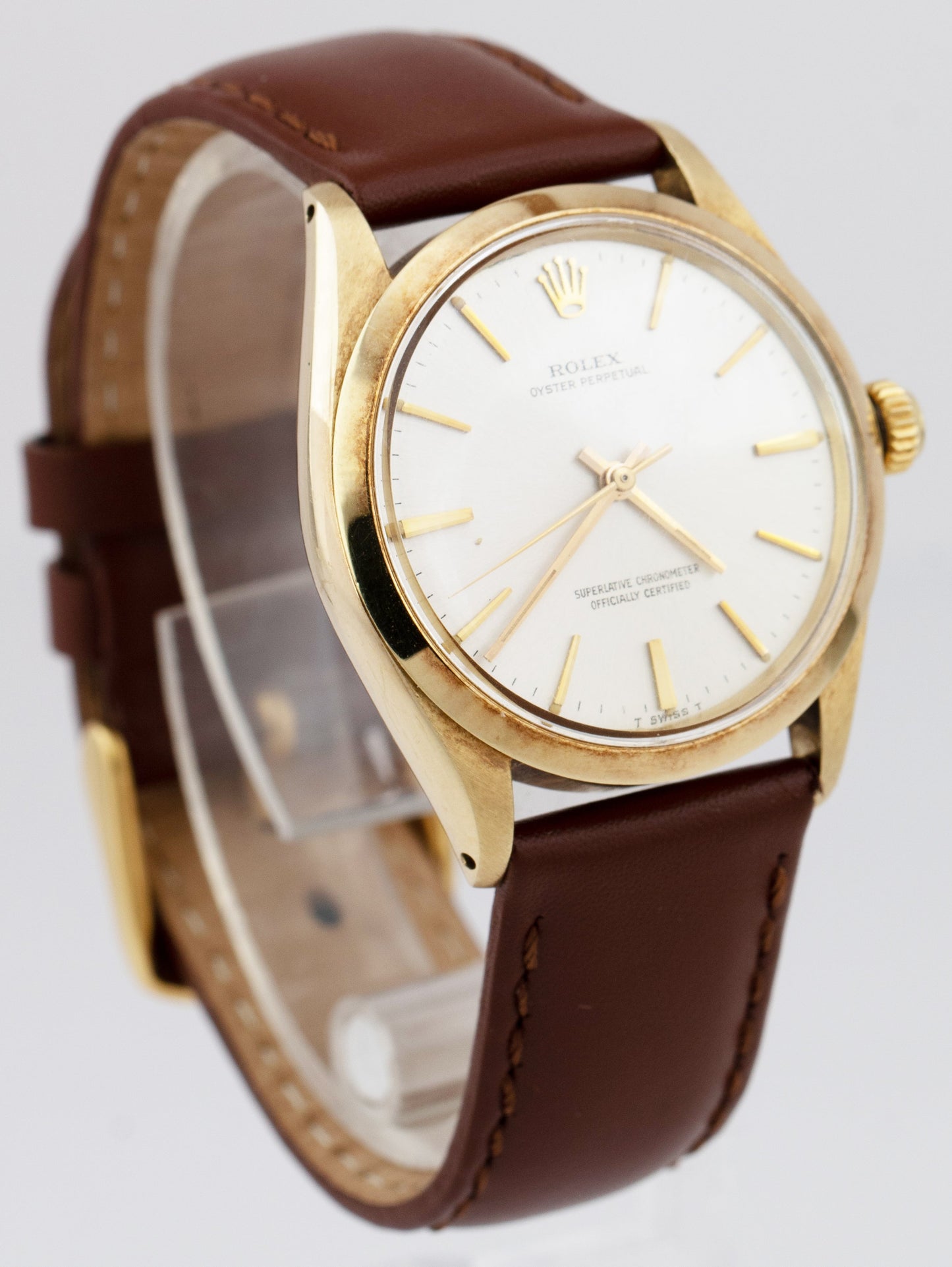 Rolex Oyster Perpetual 14K Yellow Gold 34mm Automatic Brown Leather Watch 1002