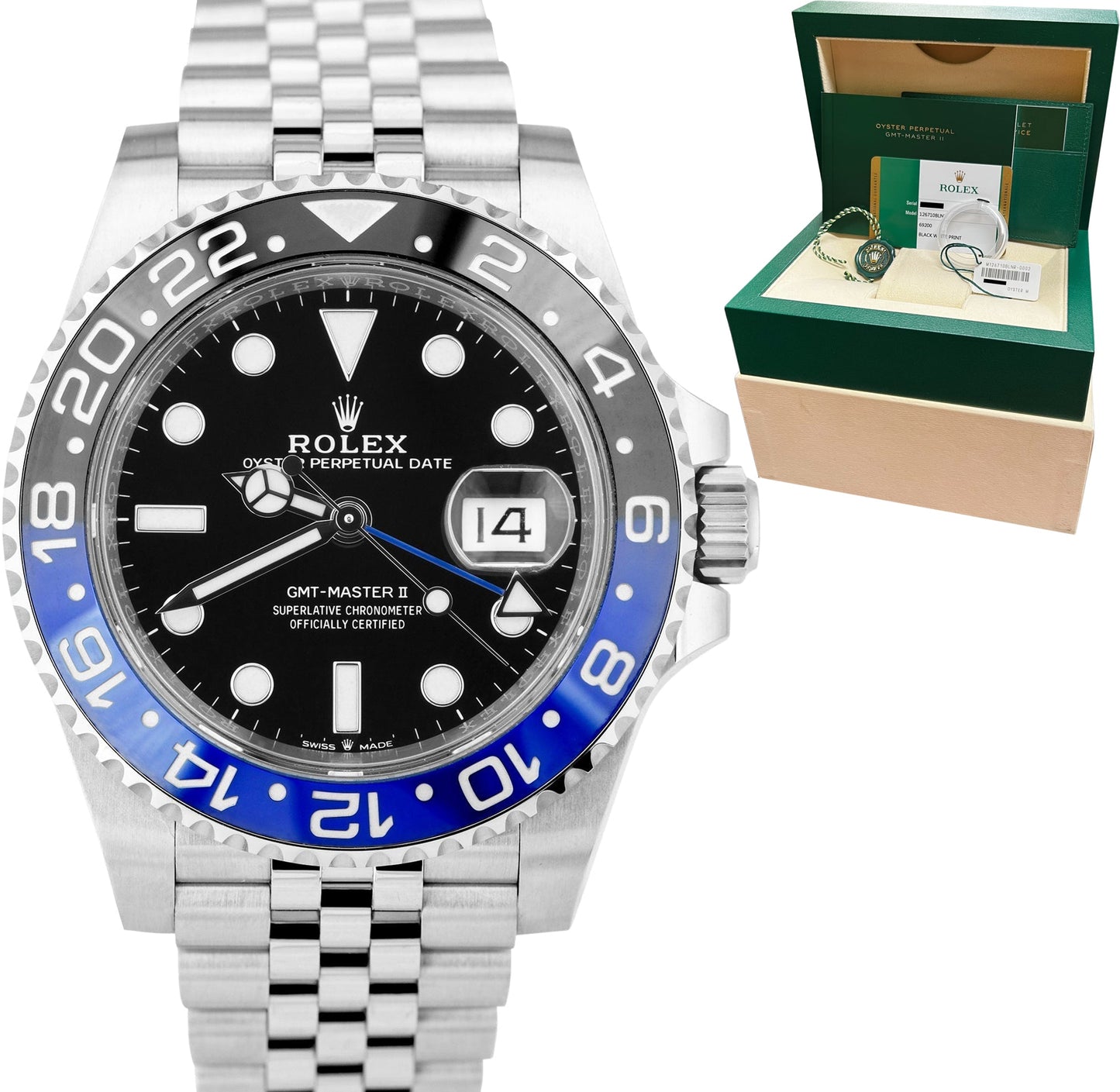 MINT Rolex GMT-Master II Batman Black Blue Stainless 40mm Watch 126710 BLNR B+P