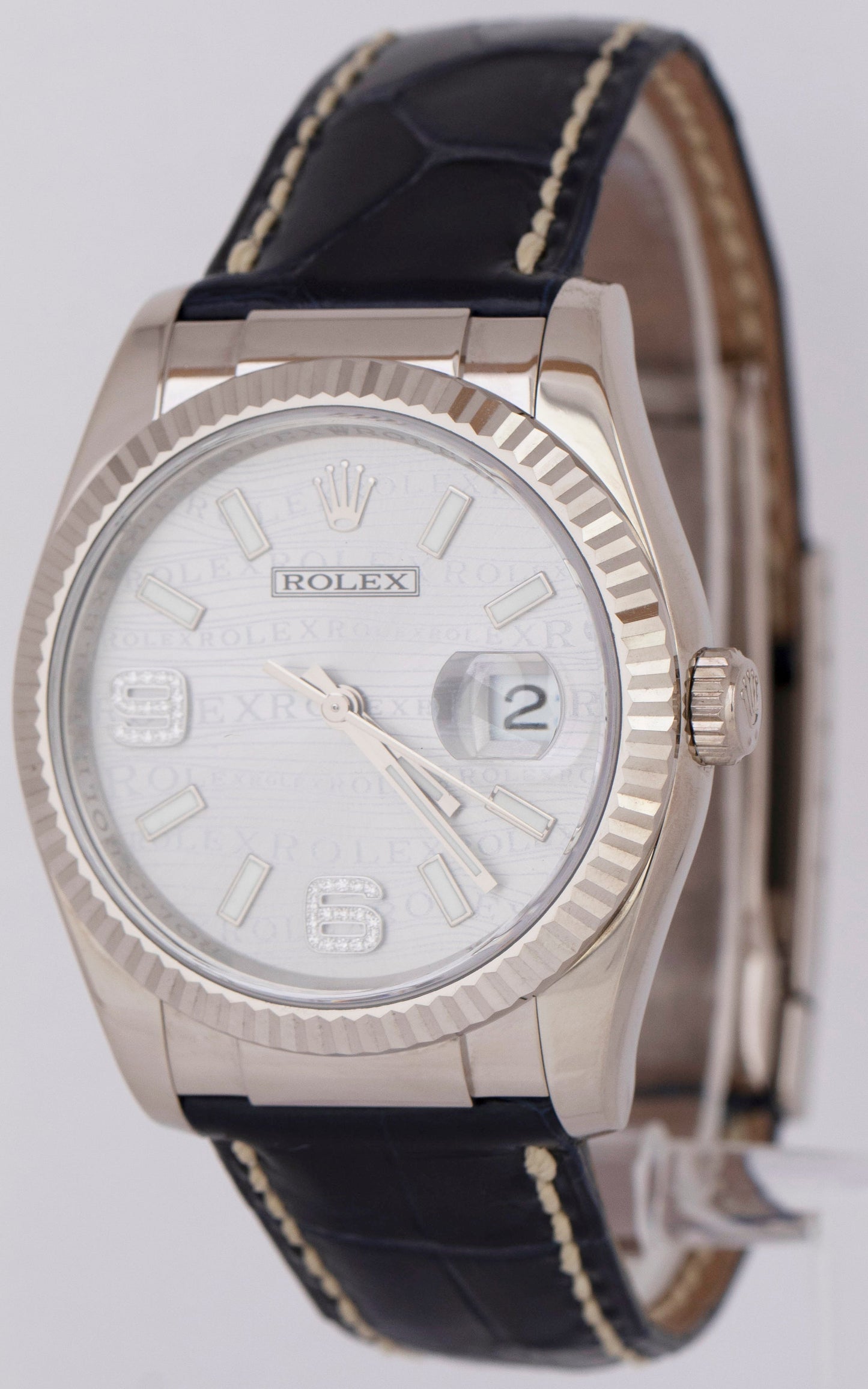Rolex DateJust 36mm PAPERS Silver DIAMOND Arabic 18K White Gold Watch 116139 B+P